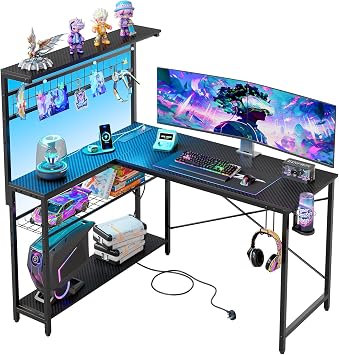Bestier L-Shaped Gaming Desk with Power Outlets, LED Workstation with 4 Tiers Shelves for Home Office, Gamer Reversible Table with Hooks and Cup BDCF, 129cm