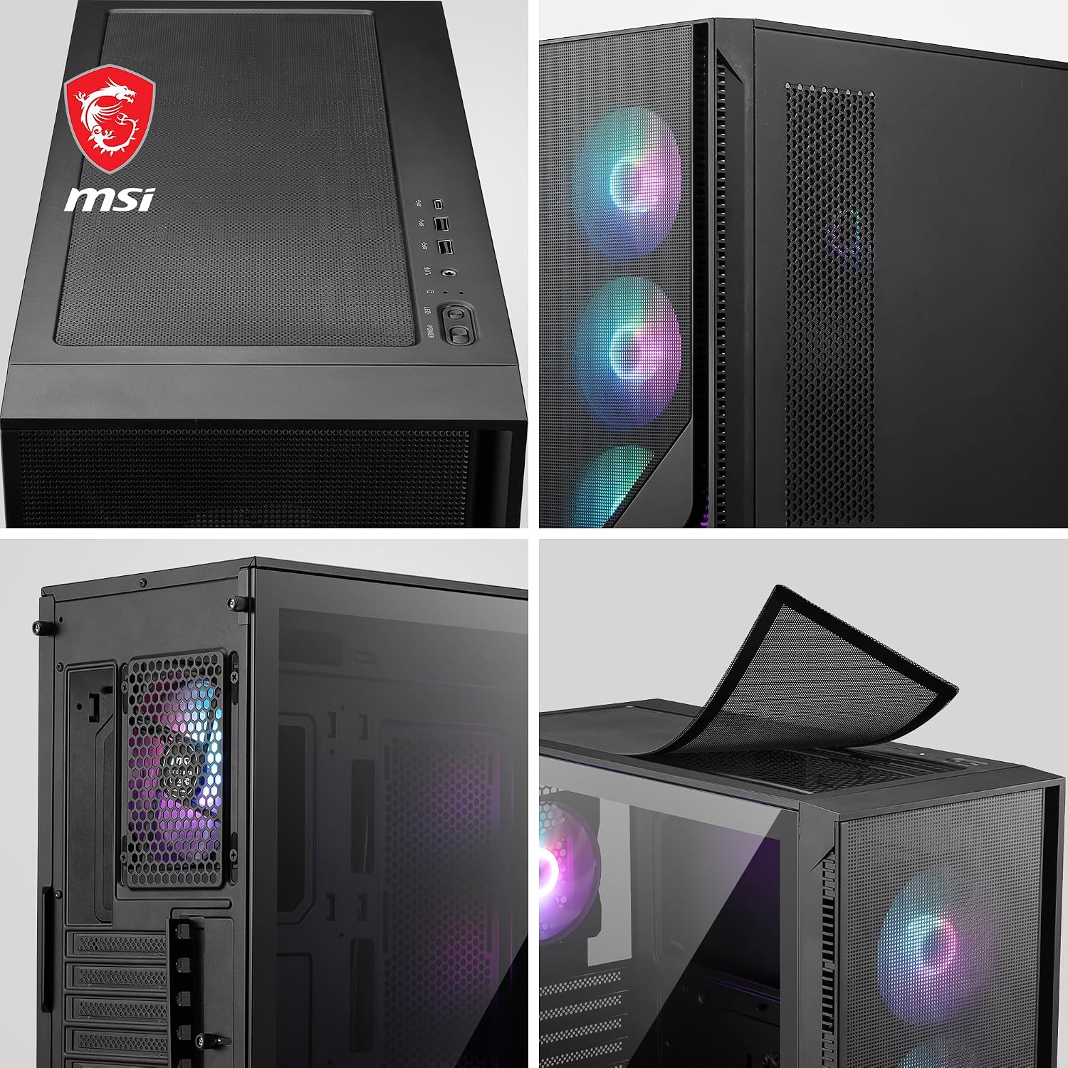 Корпус для ПК MSI MAG Forge 321R Airflow Mid-Tower поддержка формата ATX поддержка видеокарт серии RTX 40 вентилятор ARGB магнитный пылевой фильтр закаленное стекло концентратор 4 ARGB 2 порта USB 3.2 2-го поколения типа C