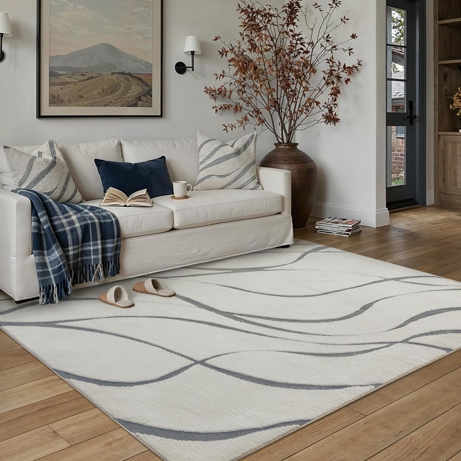 HUGEAR Shag Area Rug 5x7 Grey & Ivory Washable Living Room Bedroom Rug Non Slip Non-Shedding Soft Plush Medium Pile Large Throw Carpet for Home Office Aesthetic Modern Decor