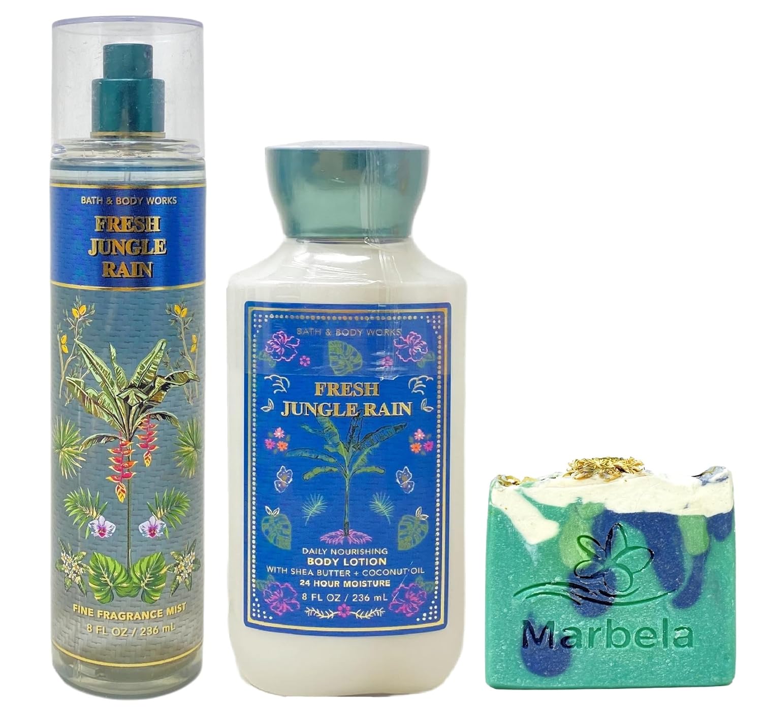 Bath & Body Works Fresh Jungle Rain Fragrance Mist and Body Lotion Duo Set with an Aloe Vera Bar Soap
