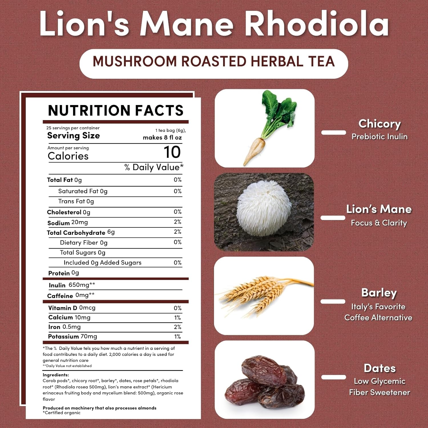 Teeccino Lion’s Mane Rhodiola Tea - Rose - 25 TeaBags Caffeine-Free Mushroom Adaptogenic Herbal Tea, 3x More Herbs than Regular Tea Bags, Lightly Sweet from Dates & Figs, Chicory Prebiotic - (Pack of 3)