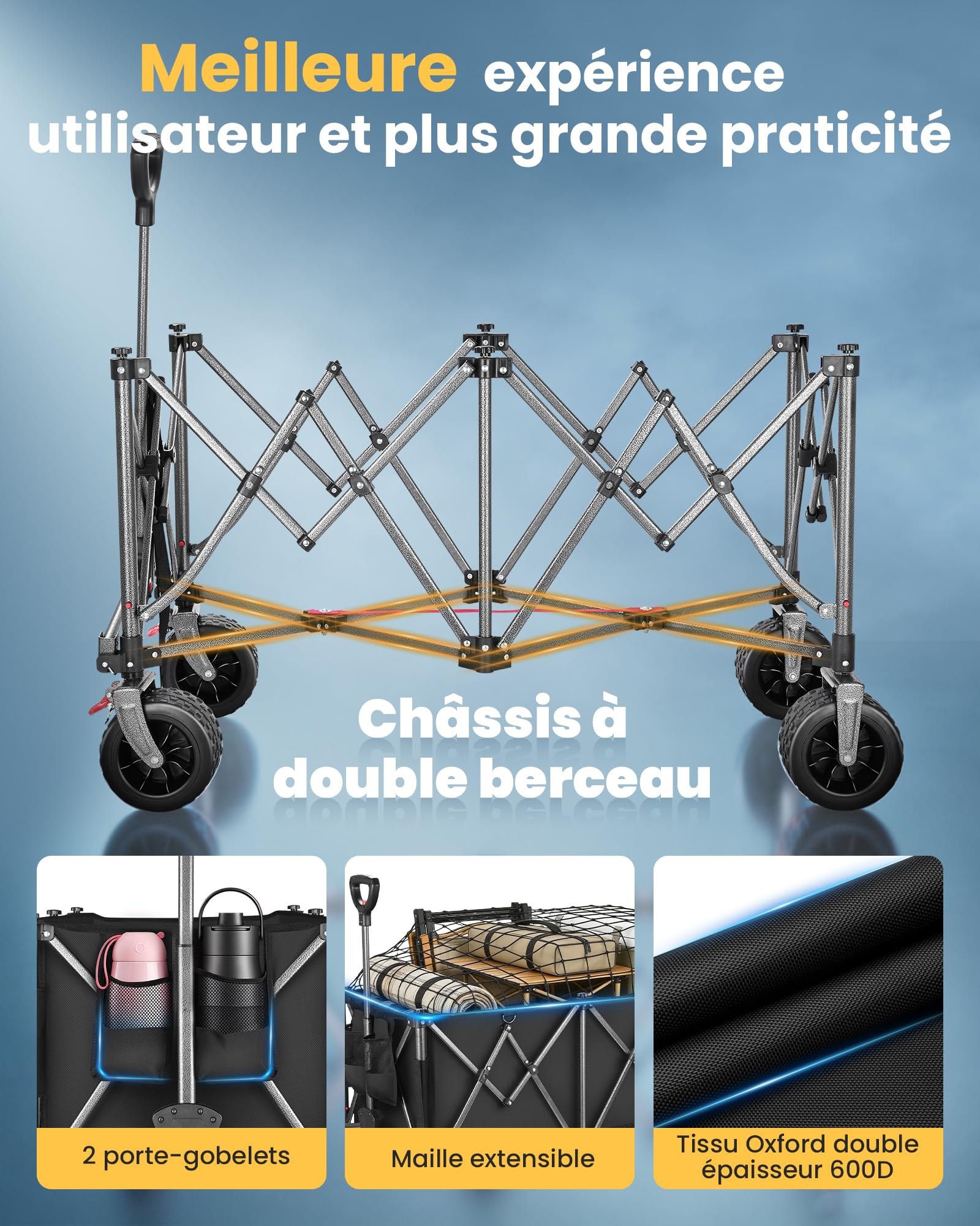 YEAUPE PRO Chariot Transport Pliable 260L 250KG, Chariot de Plage Pliable Roues Tout-terrain17x10 cm. Freins Doubles, Pliage Compact. Idéal pour Les Plages, Le Camping, Les Activités de Plein Air