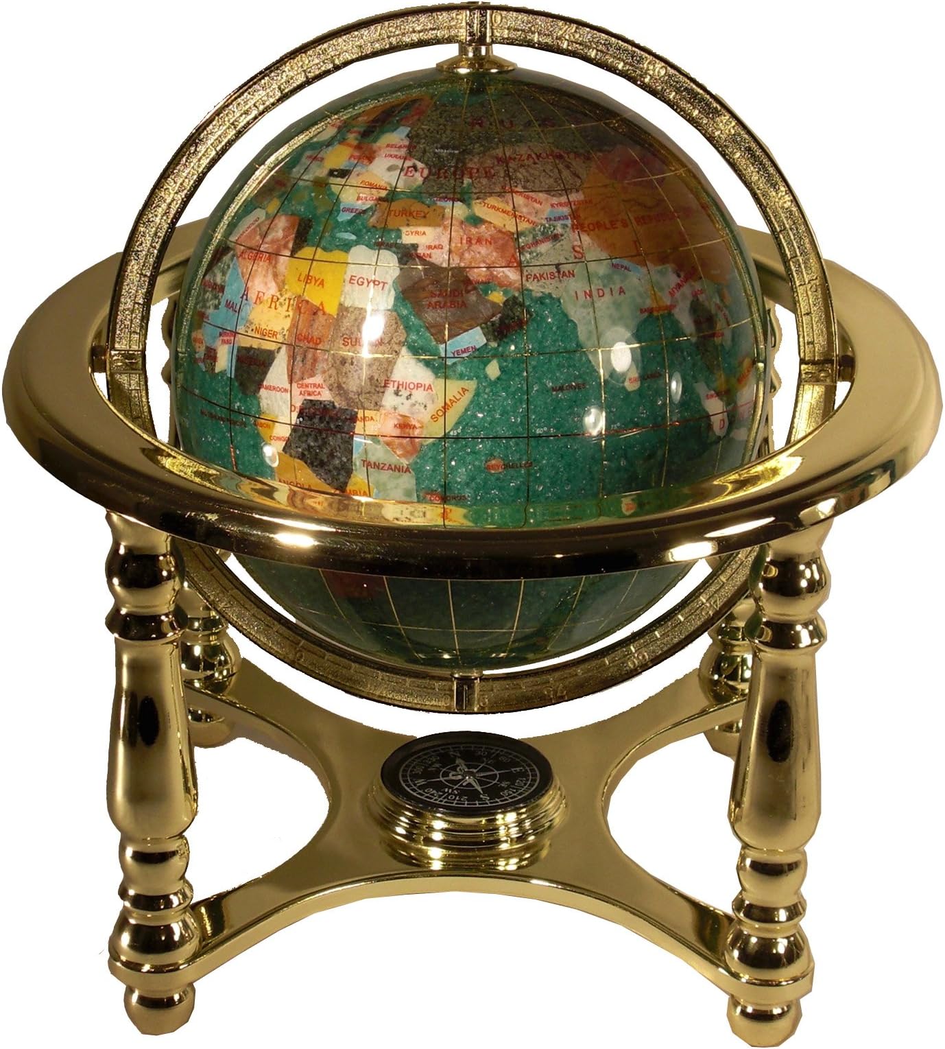 Unique Art 10-Inch Tall Table Top Green Crystallite Ocean Gemstone World Globe with Gold Four Leg Stand