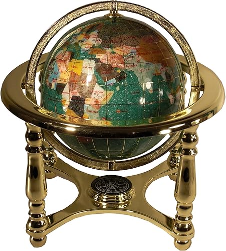 Unique Art - Tablero de mesa de 10 pulgadas de alto, globo del mundo con piedras preciosas cristalitas verdes con soporte dorado de cuatro patas