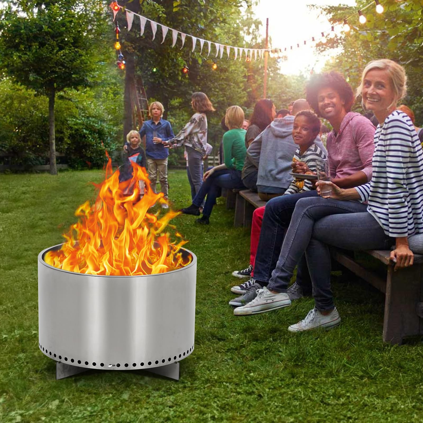 Brasero Exterior sin Humo de 52 cm (20.5 Pulgadas) con Interruptor de Aire, de Acero Inoxidable, portátil, con cenicero extraíble, Bolsa de Transporte y Soporte. Ideal para Patio, jardín, Camping y f