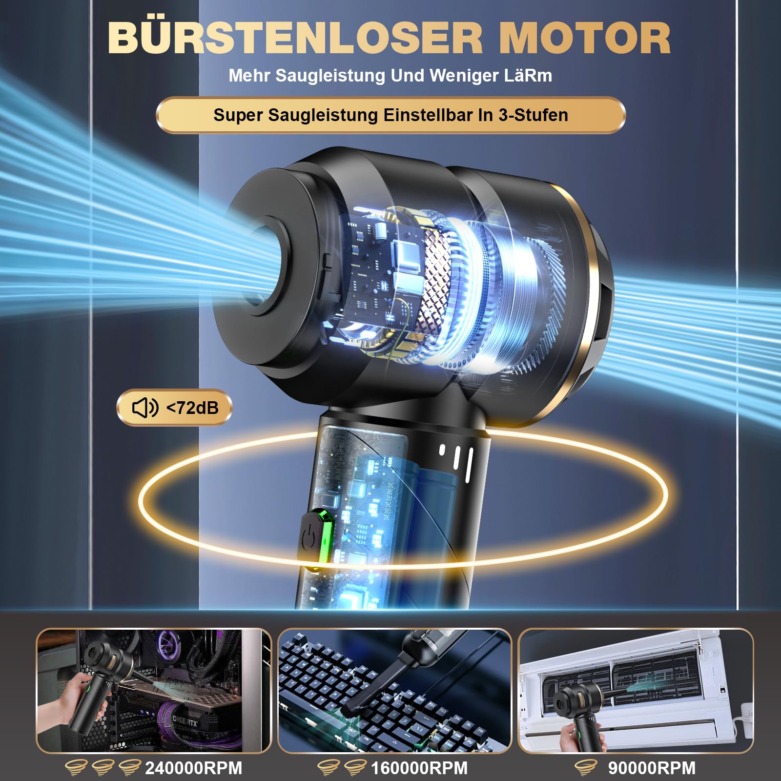 Handstaubsauger Akku 4-in-1,Auto Staubsauger Stark,28000PA HandstaubsaugerKabellos,3-Gang 240000 U/min Handstaubsauger Akku Testsieger für Auto,Küche,PC,Sofa,Büro,Haus& Tierhaar Reinigung