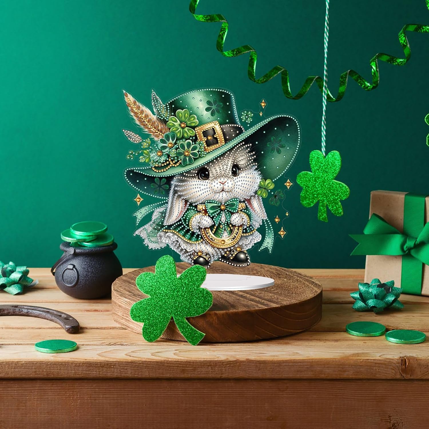 5D Diamond Art Ornaments Kits, DIY Diamond Art Painting St.Patrick's Day Animal Desktop Ornament, Special Shaped Crystal Diamond Art Painting Tabletop Home Office Decor-2PCS-E