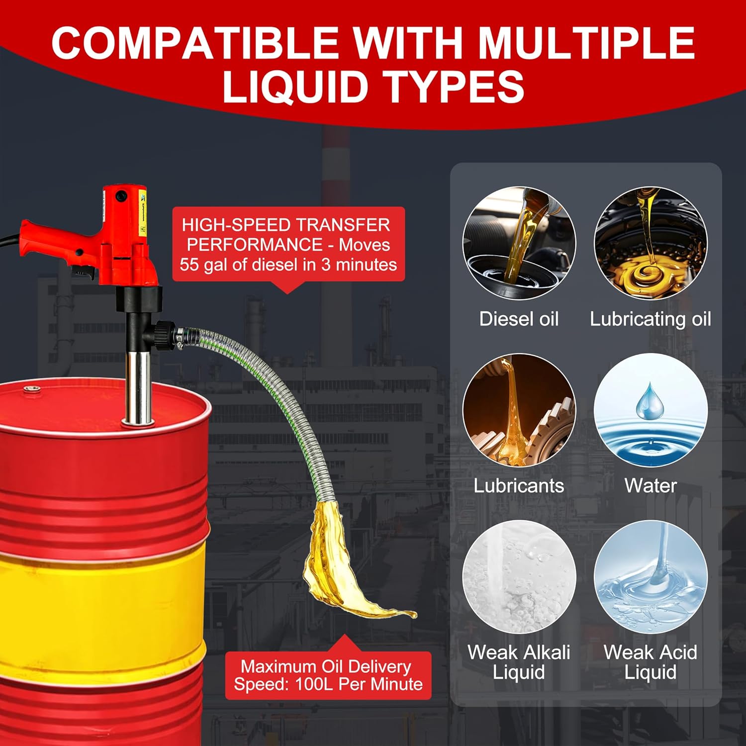 110V High-Power 2480W Electric Liquid Transfer Pump - 91cm Stainless Steel Tube 2m Steel Wire Hose - for Slightly viscous liquid,Lube Oil, Water, Antifreeze - electric fuel transfer pump