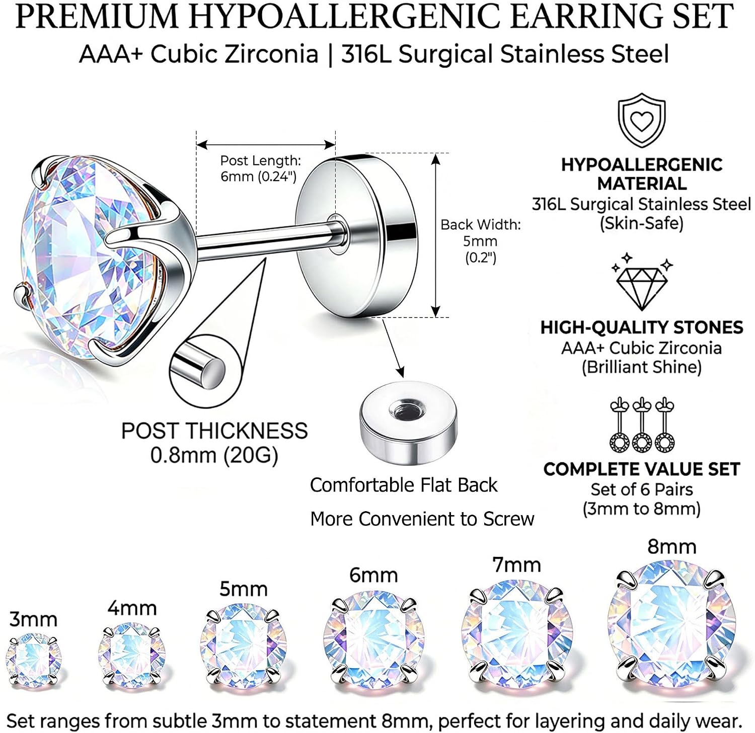 6 Pairs 20G Hypoallergenic Flat Back Earrings 316L Stainless Steel Silver Studs with Cubic Zirconia Birthstone Cartilage Earrings for Sensitive Ears Women Men