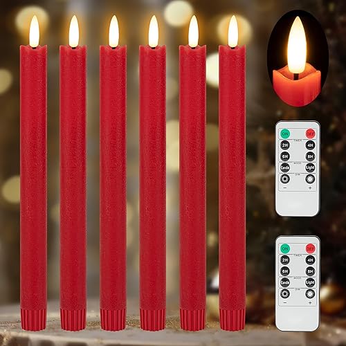 Velas cónicas sin llama con temporizador remoto, cera real roja parpadeante de 9.6 pulgadas, funciona con pilas, velas LED eléctricas para 2 mandos