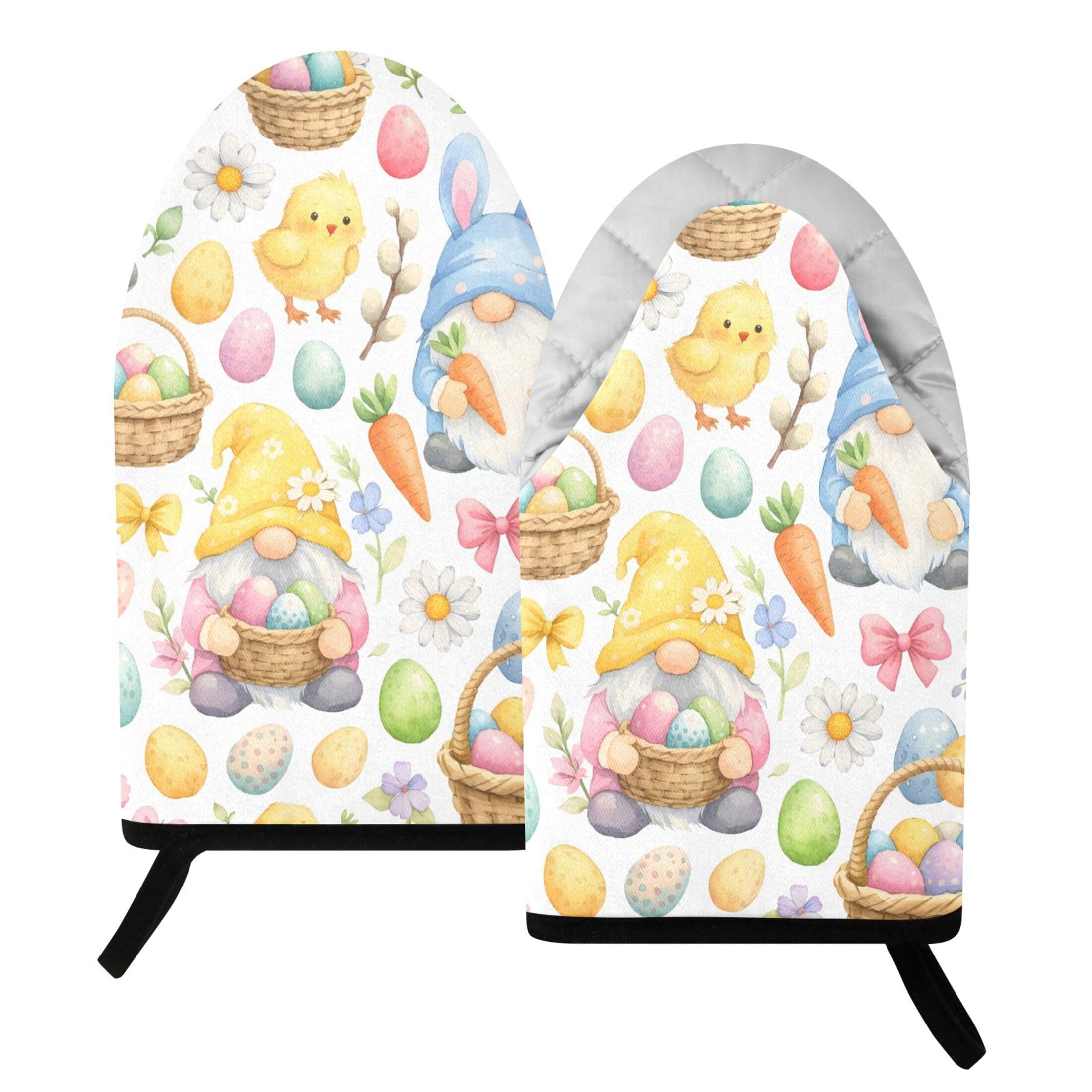 Kutsu Watercolor Easter Gnome Oven Mitts for Kitchen, Heat Resistant Cotton Oven Gloves for BBQ Baking Cooking, Breathable Kitchen Essentials, 2 pcs
