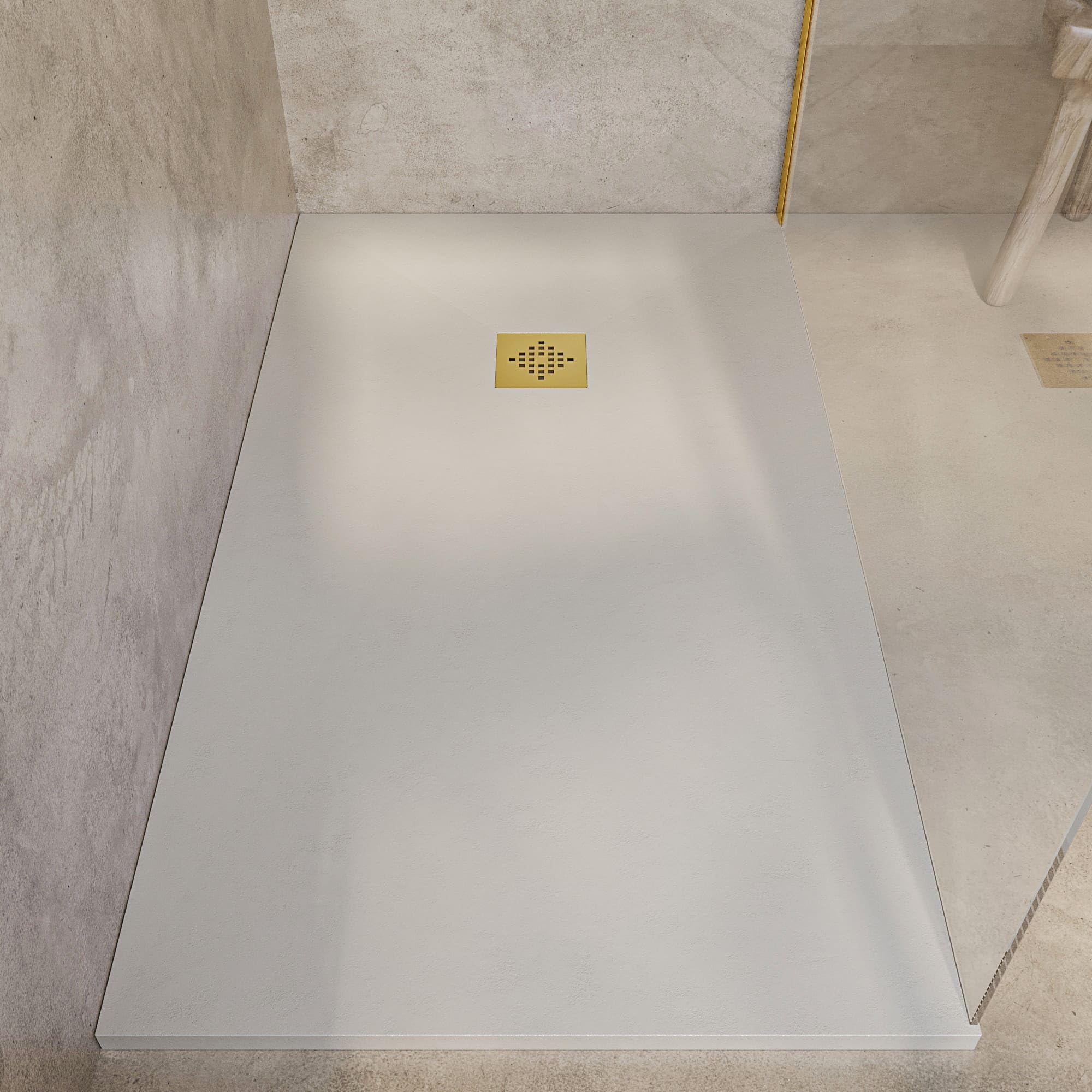 SOULHOME Brodzik prysznicowy– Żywica– Gel Coat– Gładki Jedwab tekstura – Antypoślizgowy – Kolor intensywnie kremowy – 100x100- Niski 3 cm– Z dodatkowym syfonem – Ruszt Złoty