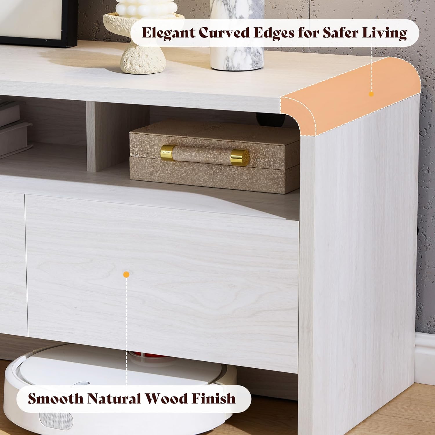 AMERLIFE 70" Modern TV Stand for TVs Up to 80", Wood TV Console with Curved Profile Design & 2 Storage Cabinets, Media Console Entertainment Center for Living Room, White