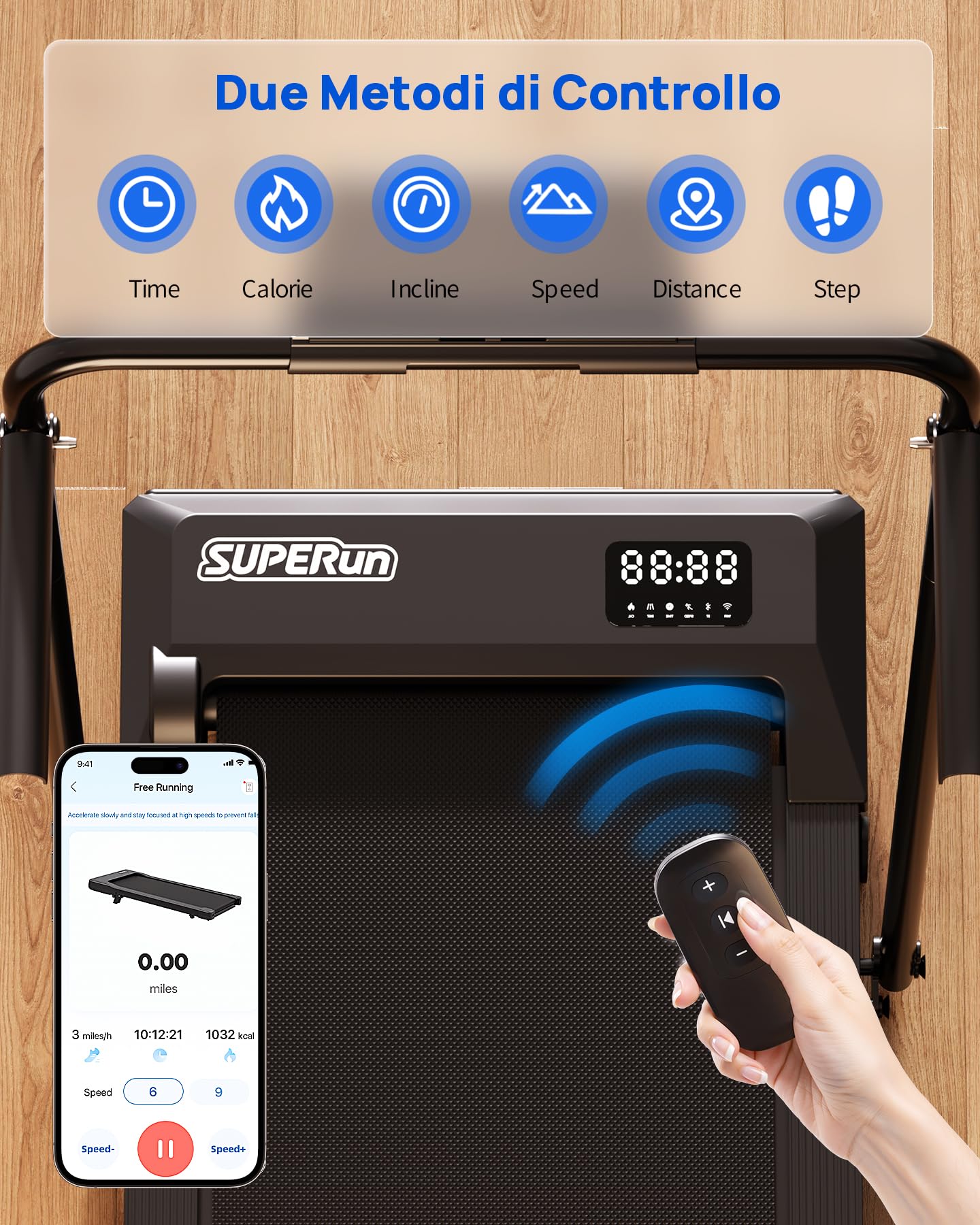 Superun Tapis Roulant Salvaspazio Pieghevole 1-12km/h con Inclinazione 6%,3,0 CV Tapirulan Elettrico Mini Walking Pad Massima di 136 kg,Schermo LED, Telecomando, Controllo