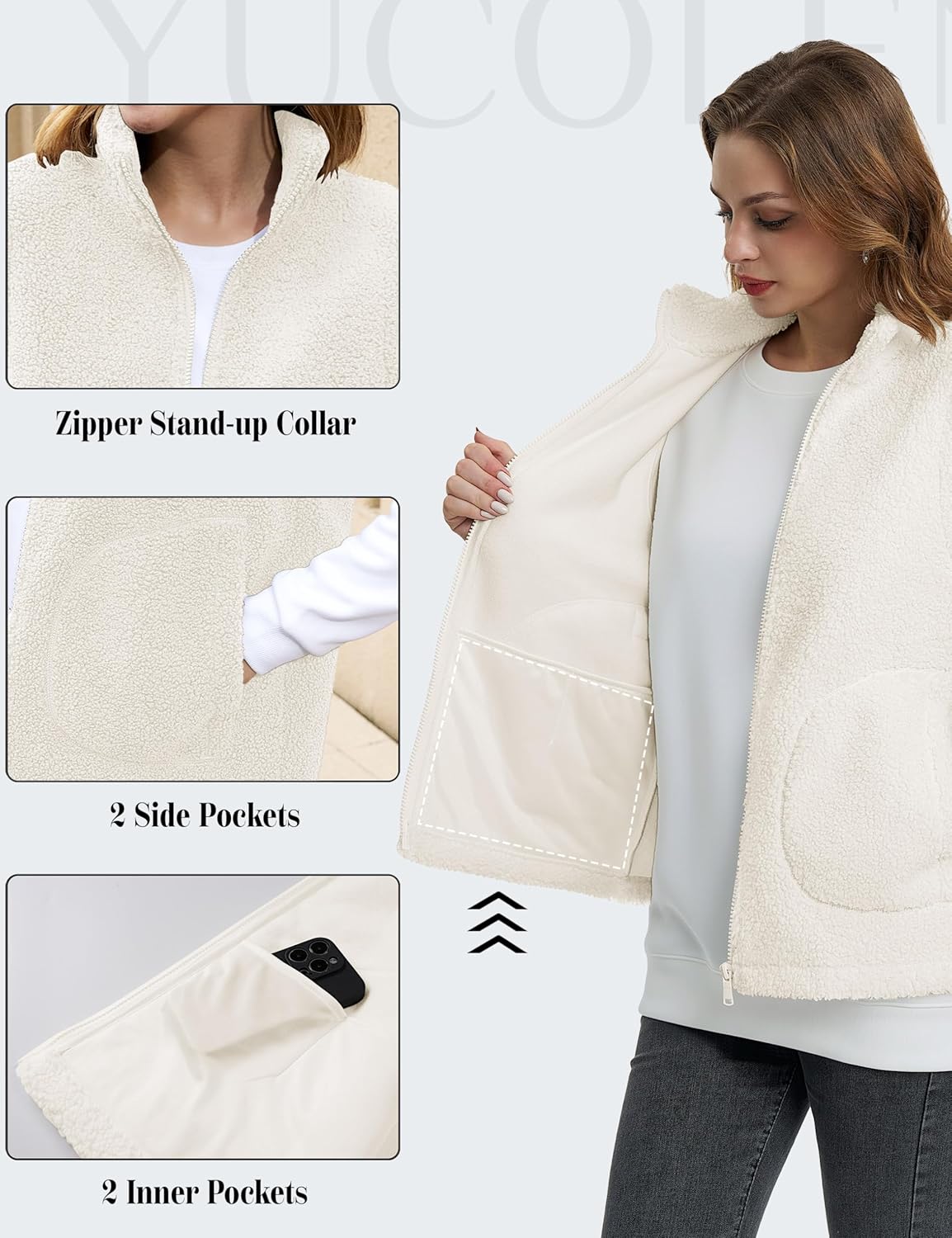 YUCOLEN Sherpa Fleece Vest for Women Sleeveless Lightweight Zip Up Outerwear Winter Warm Vest Jacket with Pockets - Image 7