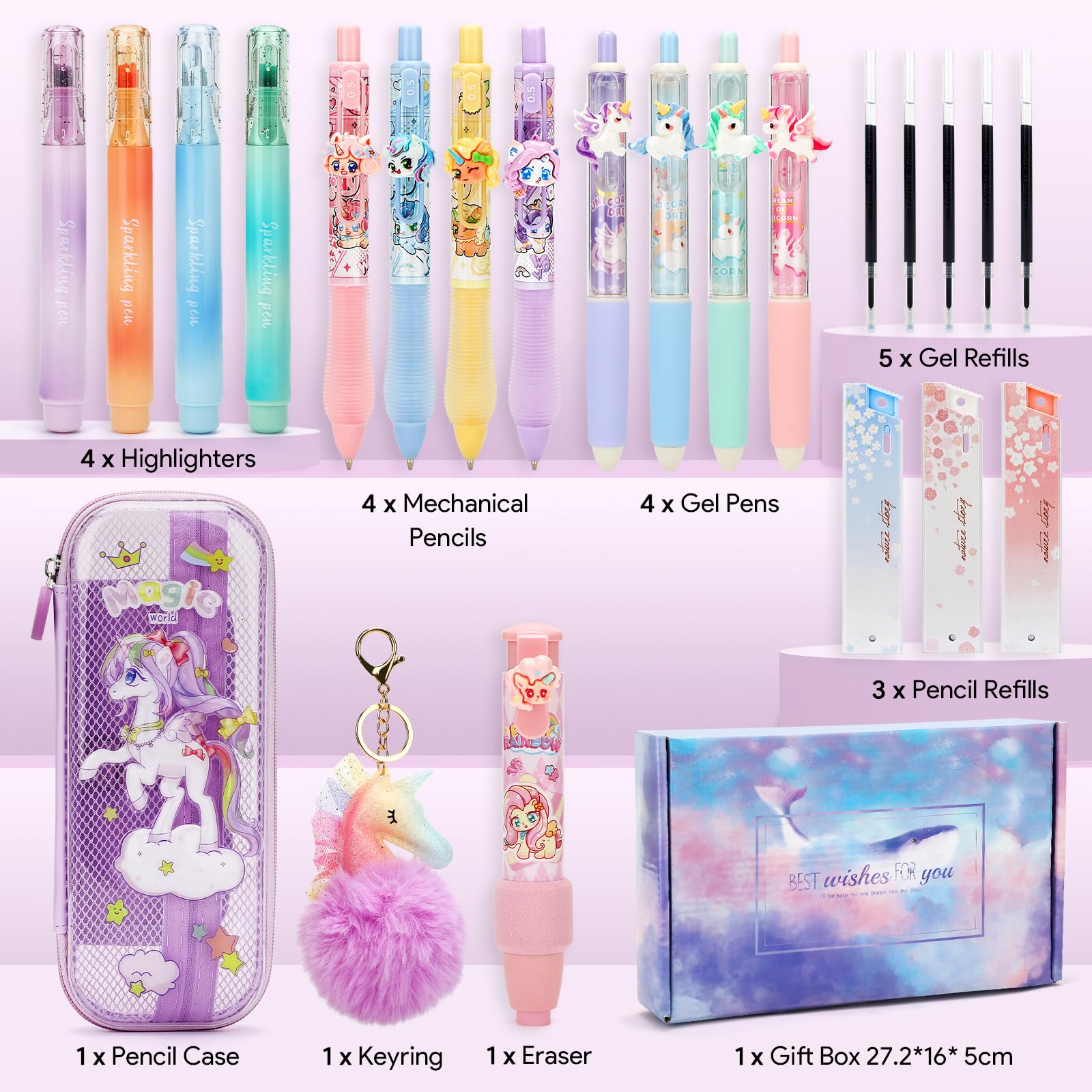 SKAMORI 20+ Piezas t Set Papelería Unicornio Niñas con Estuche Escolar, 4 Resaltadores Pastel| 4 Boligrafos Gel | 4 Portaminas 0.5, Unicornio Regalo para Niñas 4 5 6 7 8 9 Años, Violeta