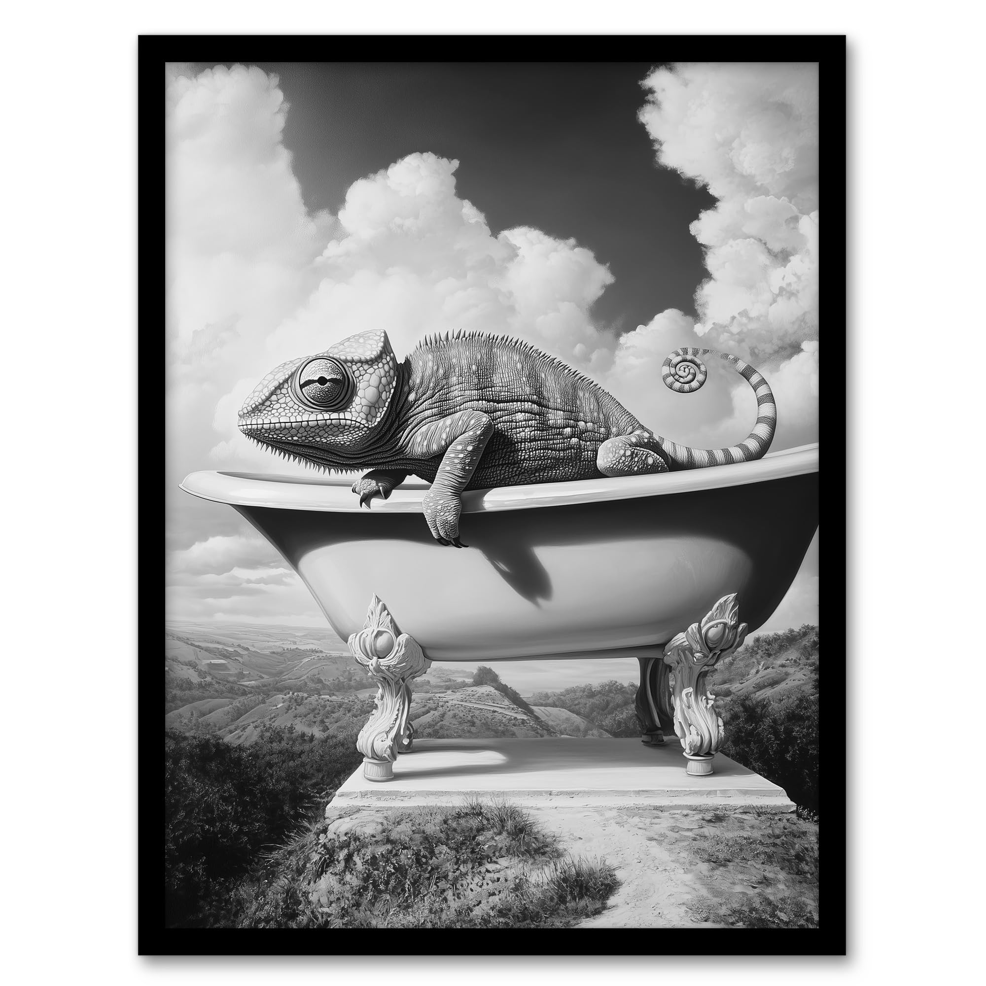 Artery8 Large Chameleon in Bathtub Black White Surreal Bathroom Toilet Artwork Framed Wall Art Print A4