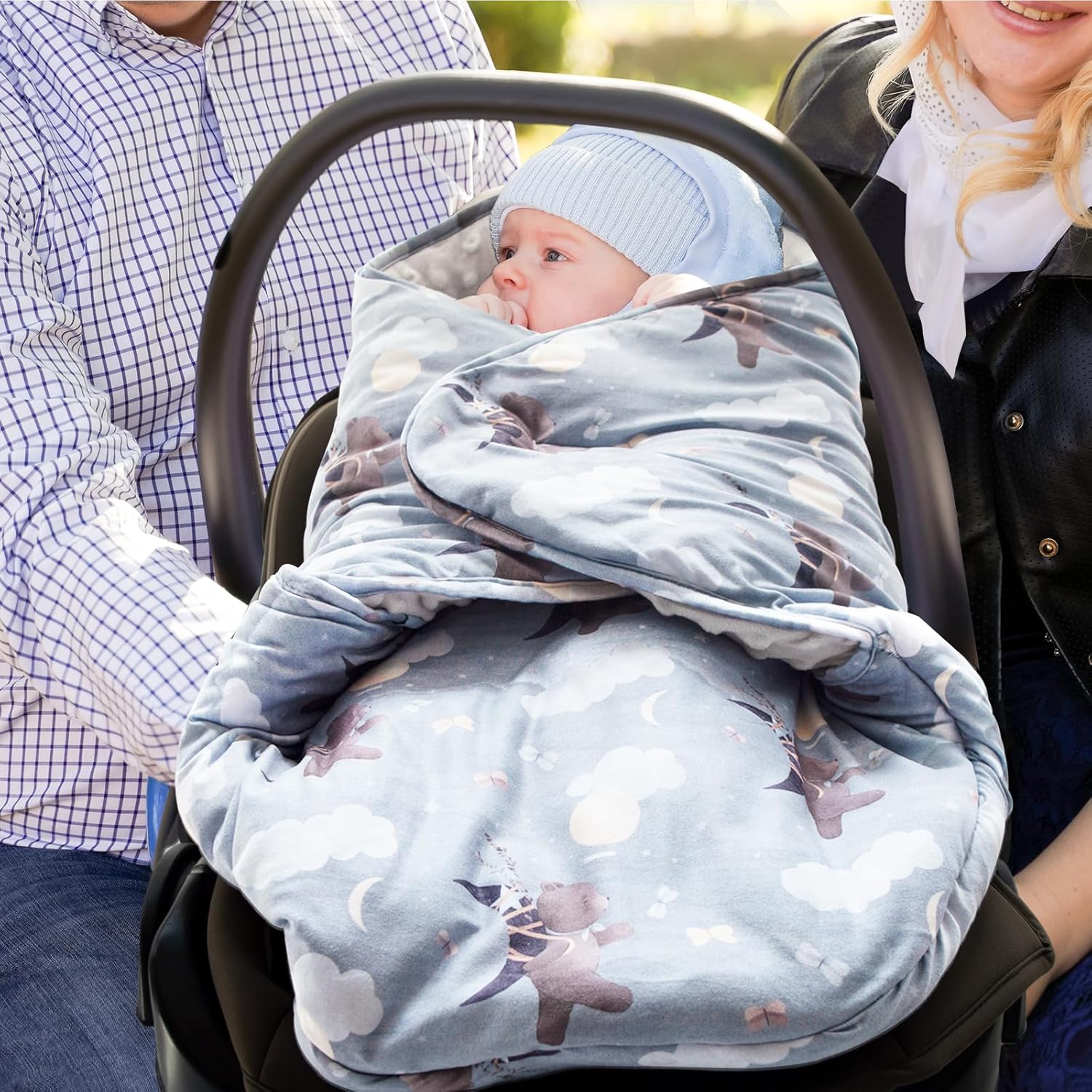 Baby Car Seat Blanket, Minky Dot Warm Winter Car Sear Cover for Babies，Baby Bunting Swaddle Wrap Blanket(Bear Pattern)