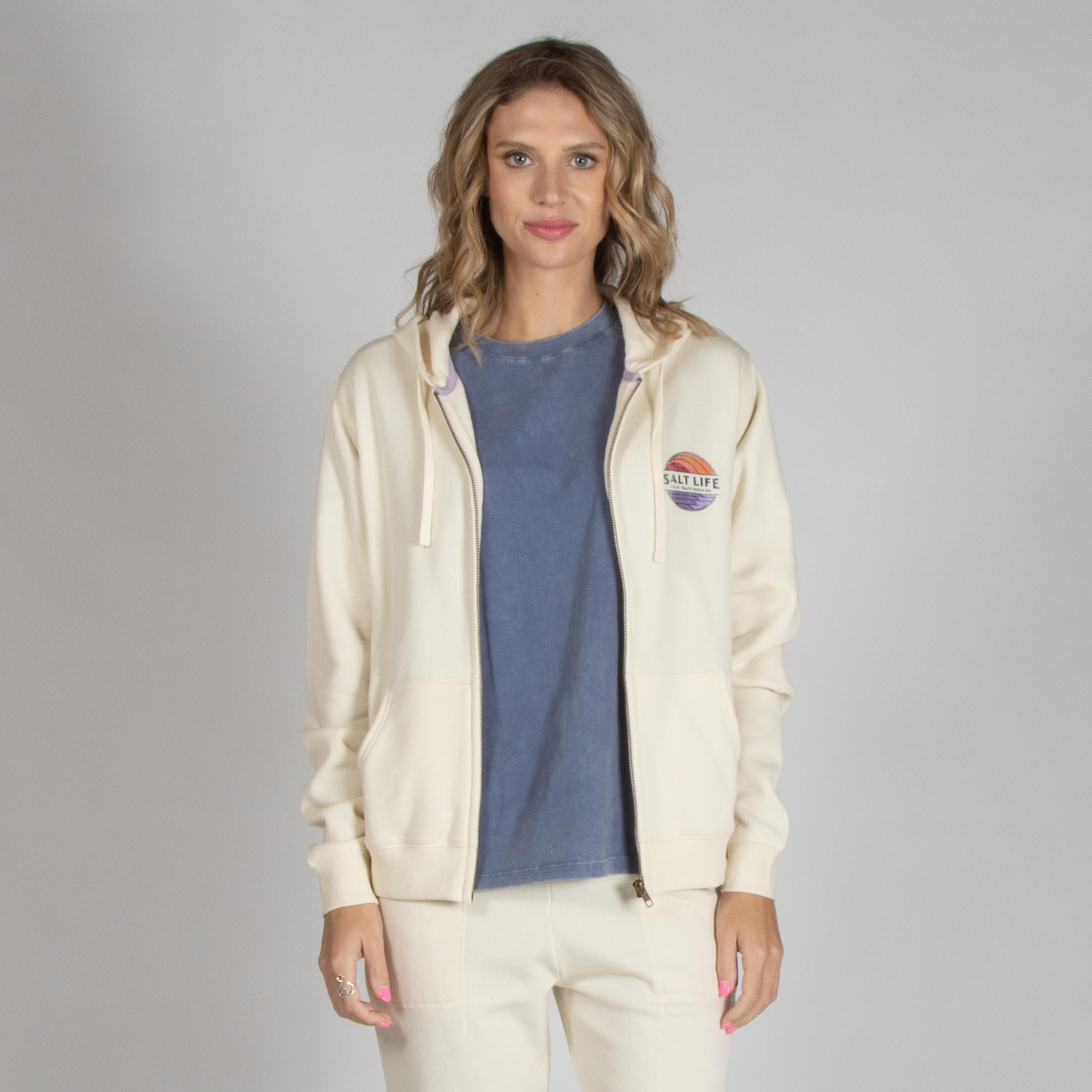Salt Life Saltsations - Sudadera con capucha con cremallera frontal para mujer, Marfil, M