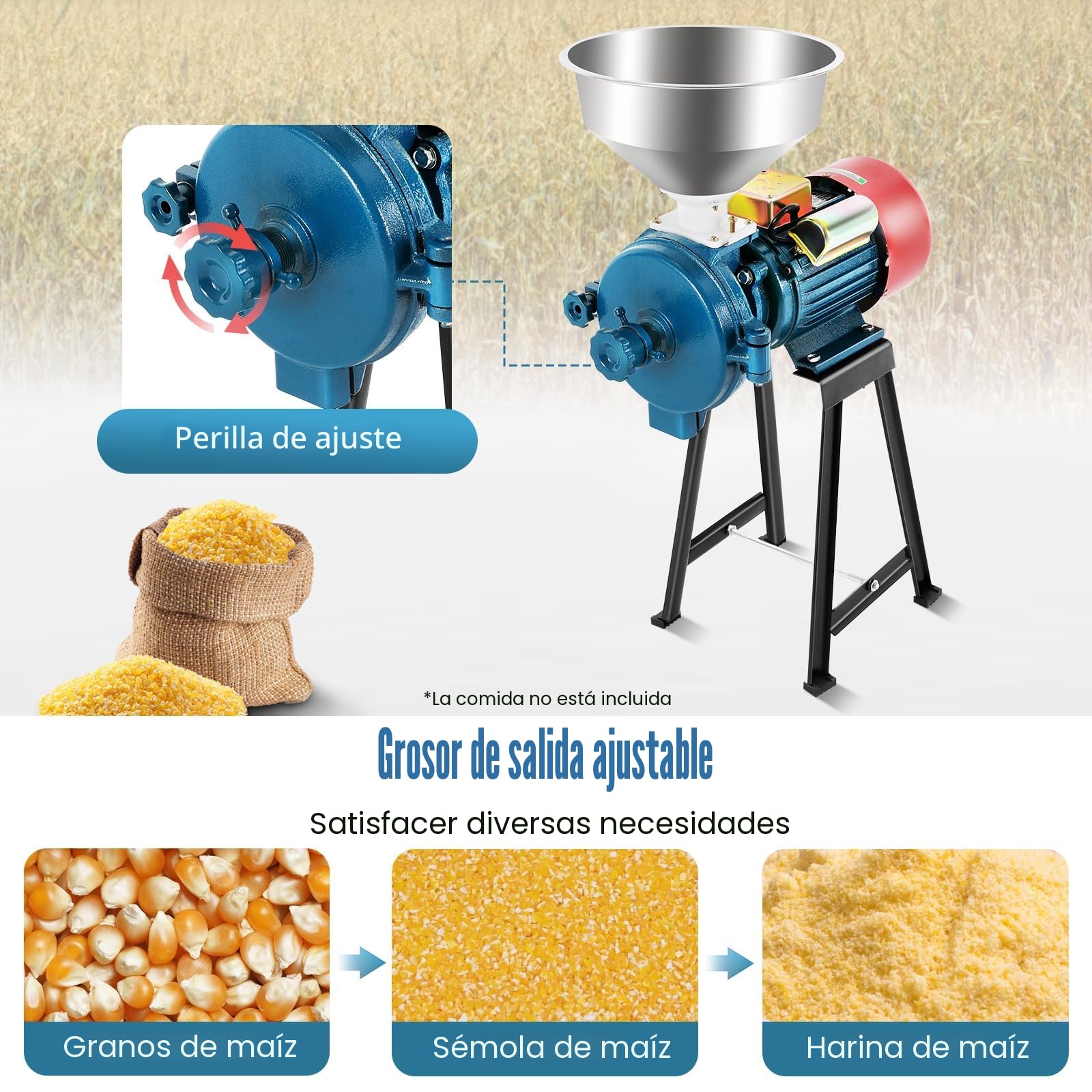 Molino eléctrico de granos,2200W Molino de grano 1400 RPM de alta eficiencia abrasivo con 1 embudo Molino de harina de trigo seco, para cereales, maíz, pajita