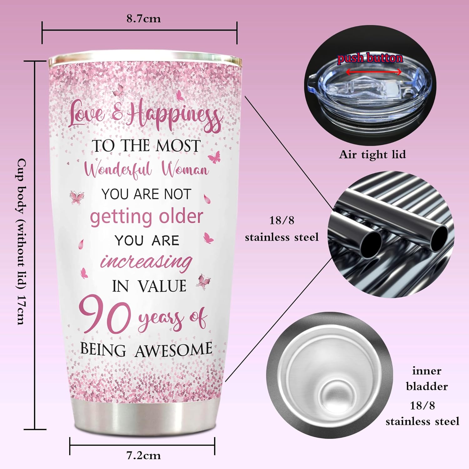 ZANIION 90th Birthday Gifts for Women Tumbler, Best Gifts for 90 Year Old Woman, 90th Birthday Ideas, 90-Year-Old Birthday Gifts for Women, 90th Birthday Decorations for Women Coffee Cup 20oz 1PC - Image 6