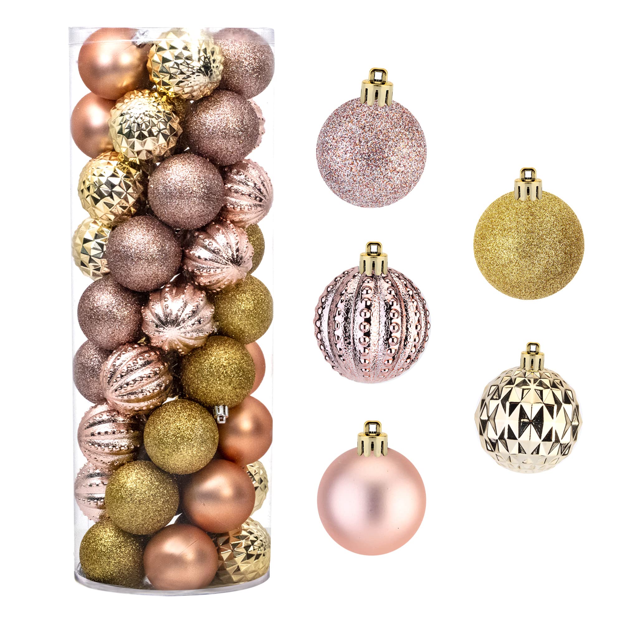 45PCS 2.36"(60mm) Christmas Ball Ornaments, Shatterproof Plastic Ball Present for Xmas Trees,Festival, Home Party and Wedding Party,Small Size Christmas Tree Ornaments(Rose Gold/Gold)