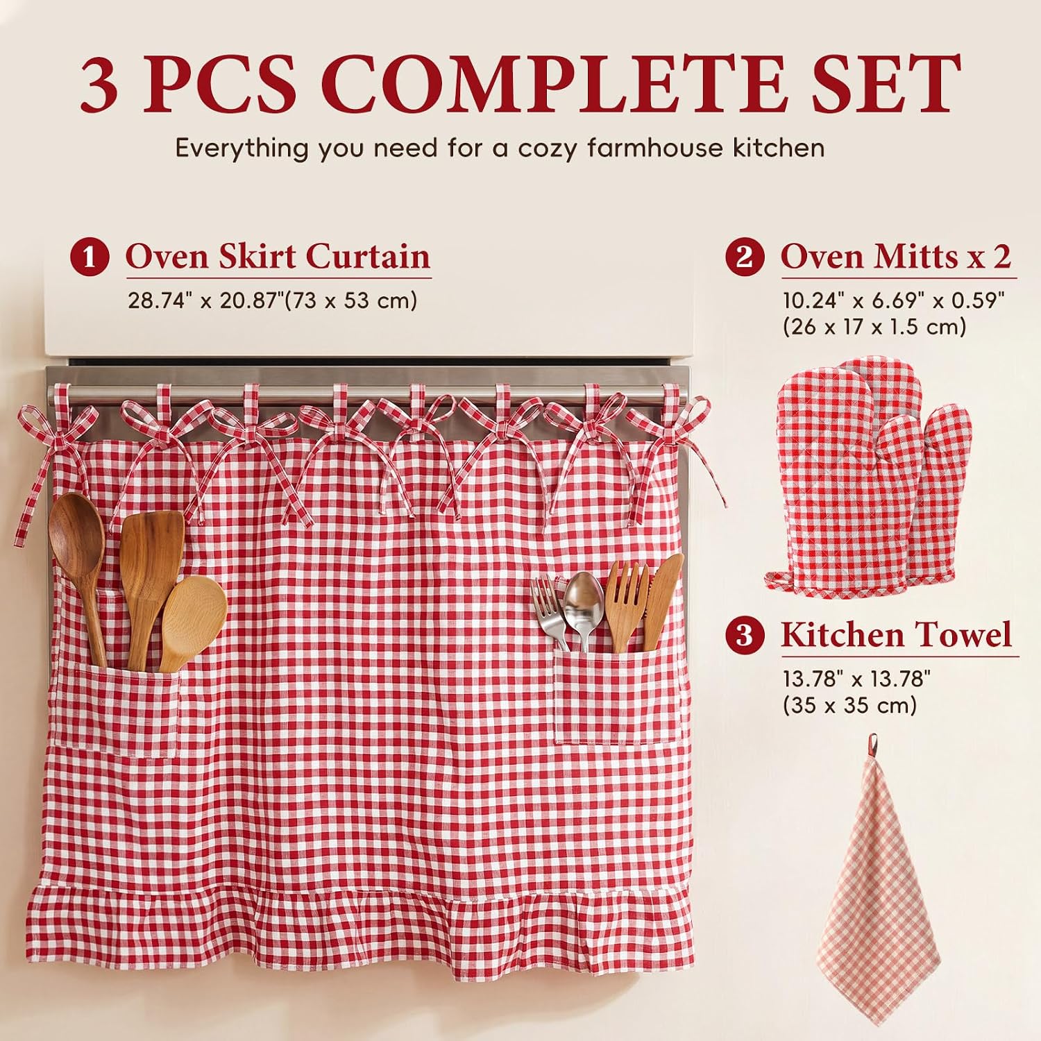 4 Pcs Red Gingham Oven Skirt Curtain Set with Mitts & Hand Towel | 29 x 21 in Farmhouse Rustic Kitchen Stove Cover, Heat-resistant Door Curtain with Ribbon Ties, for Holiday & Everyday Kitchen