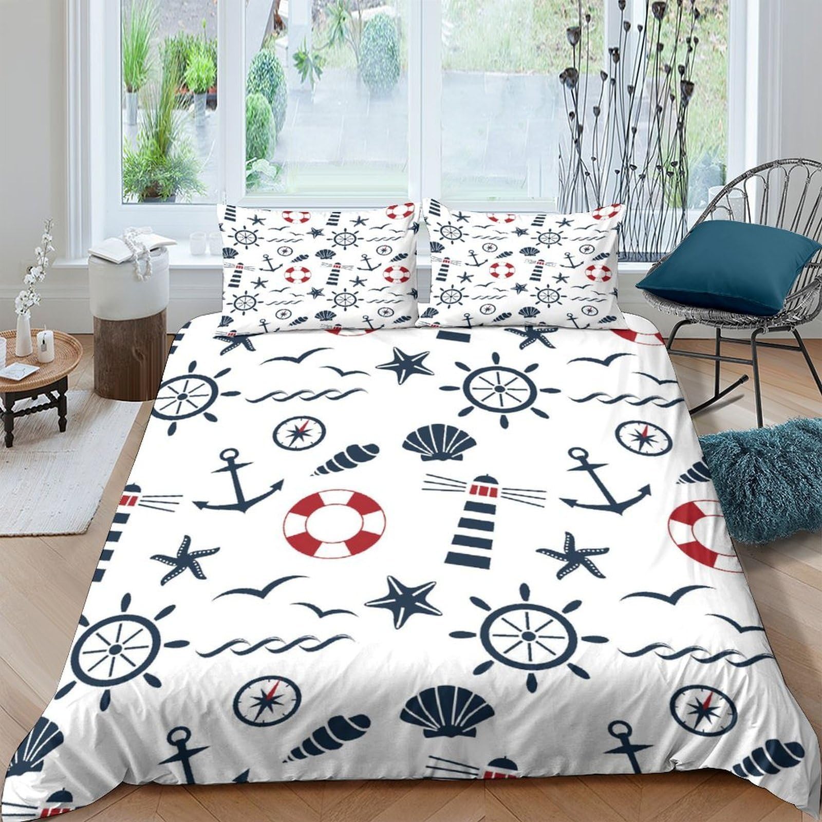Ctjqhvkz Style-1 3D Printed Nautical Anchor Fitted Sheet Microfiber Soft Blue White Lighthouse Mattress Cover Bedroom Decor Single（135X200cm）