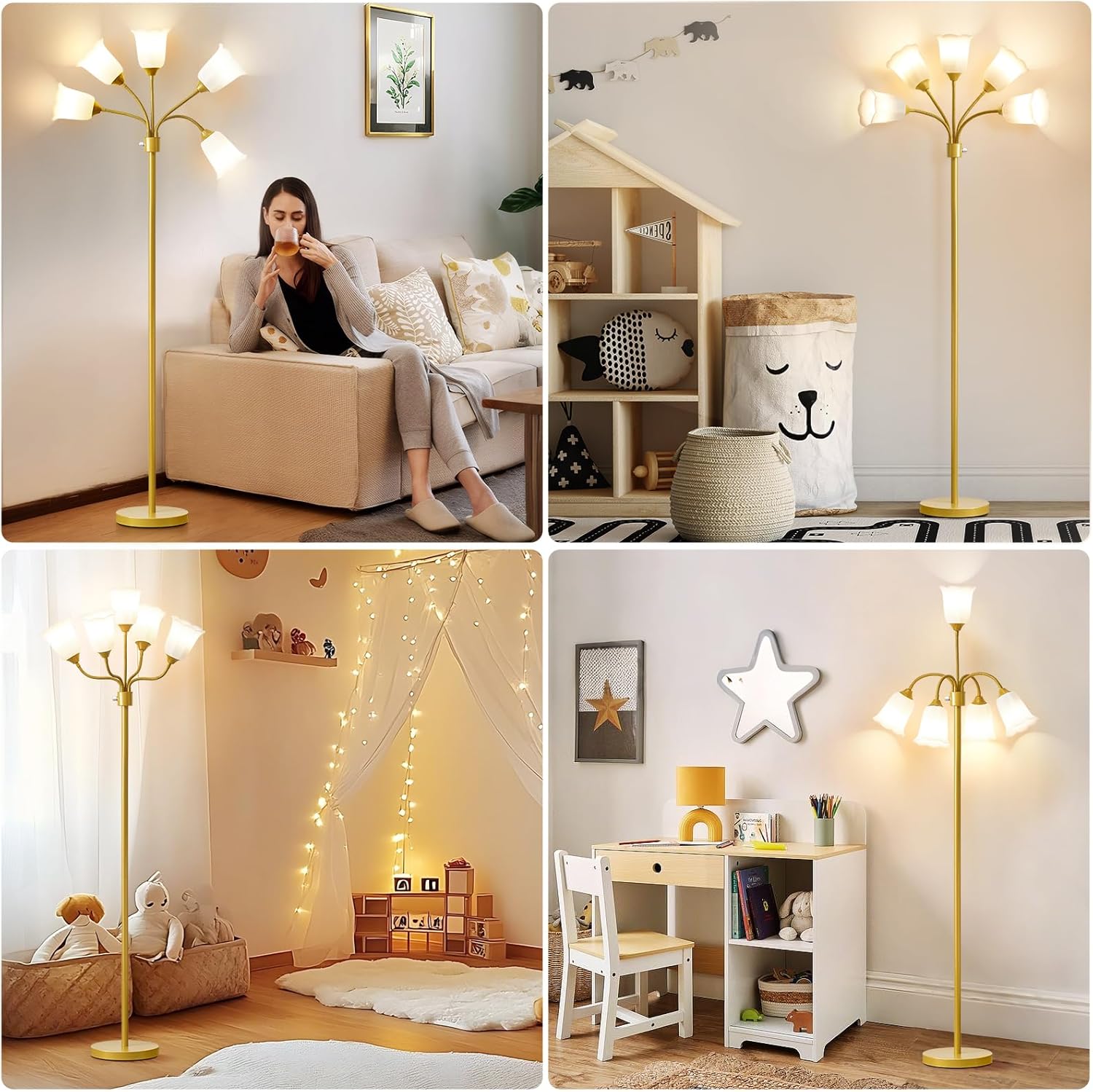 GyroVu Medusa Floor Lamp, Multi Head Modern Tall Lamp with Adjustable Gooseneck Standing Gold Lamps for Living Room Kids Room&Bedroom-5 White Lampshades-Bulb Not Included