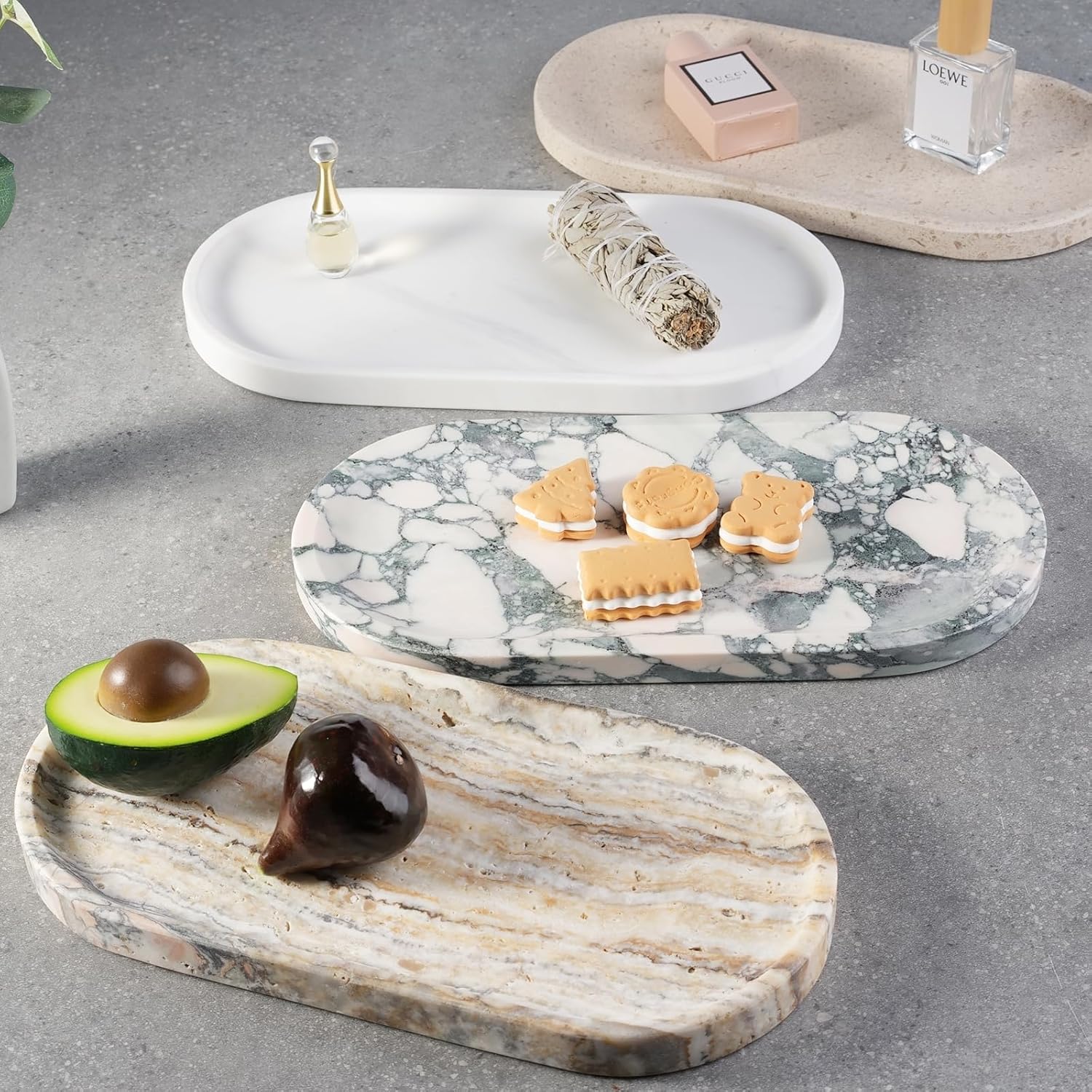 Koville Natural Marble Tray for Bathroom Decor Countertop, Vanity Tray Italy Oval Stone Trays for Candles Perfume, Storage Trays for Cosmetics, Jewelry, Decorative Tray for Dresser Organizer(White) - Image 7