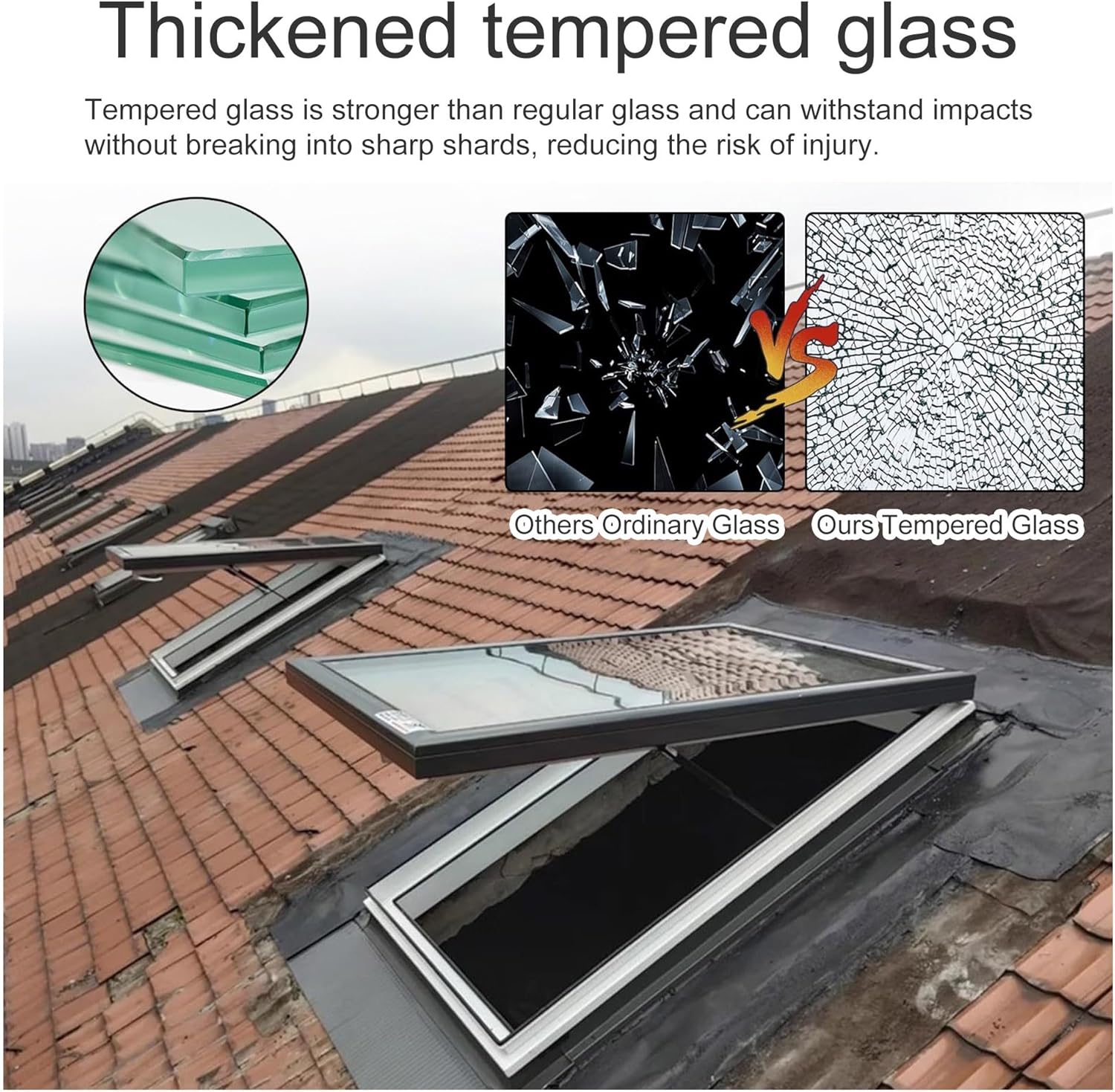 Skylight Roof Window - Double Layer Tempered Glass, Flush Mount Access Hatch, Security Door, Underground Lighting Well Cover for Sunroom - 35.4x27.6in (90x70cm)