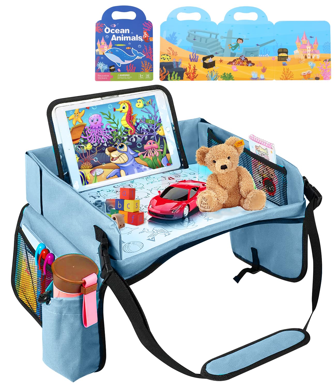 Bandejas Coche para Coche,Suave Bandeja de Viaje,Niños Bandeja de Regazo,Mesa Coche para Niños,Tablero Organizador Plegable de Coche,Bandeja Cochecito,Avión (con Libros de Pegatinas para niños)