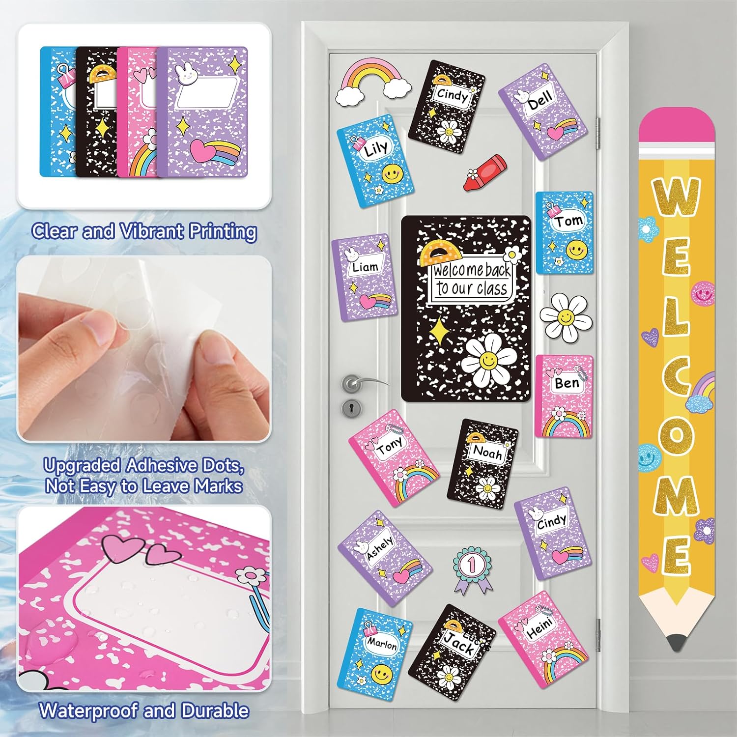 Welcome Classroom Door Decoration Set, Welcome Classroom Clings Stickers Back to School Bulletin Board with Pencil Sign Colorful Composition Notebook Cutout for Door Window Wall Home Decor image 4