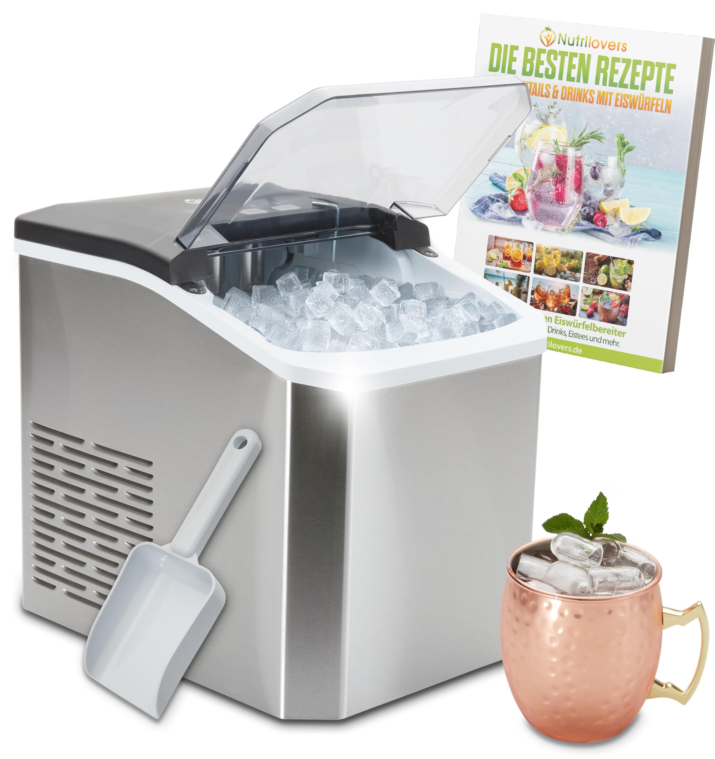 Nutrilovers Eiswürfelmaschine NUTRI-ICE MAKER Edelstahl Eiswürfelbereiter, Transparente Eiswürfel 2 Größen (S/L) inkl. Moscow Mule Becher & Rezeptbuch