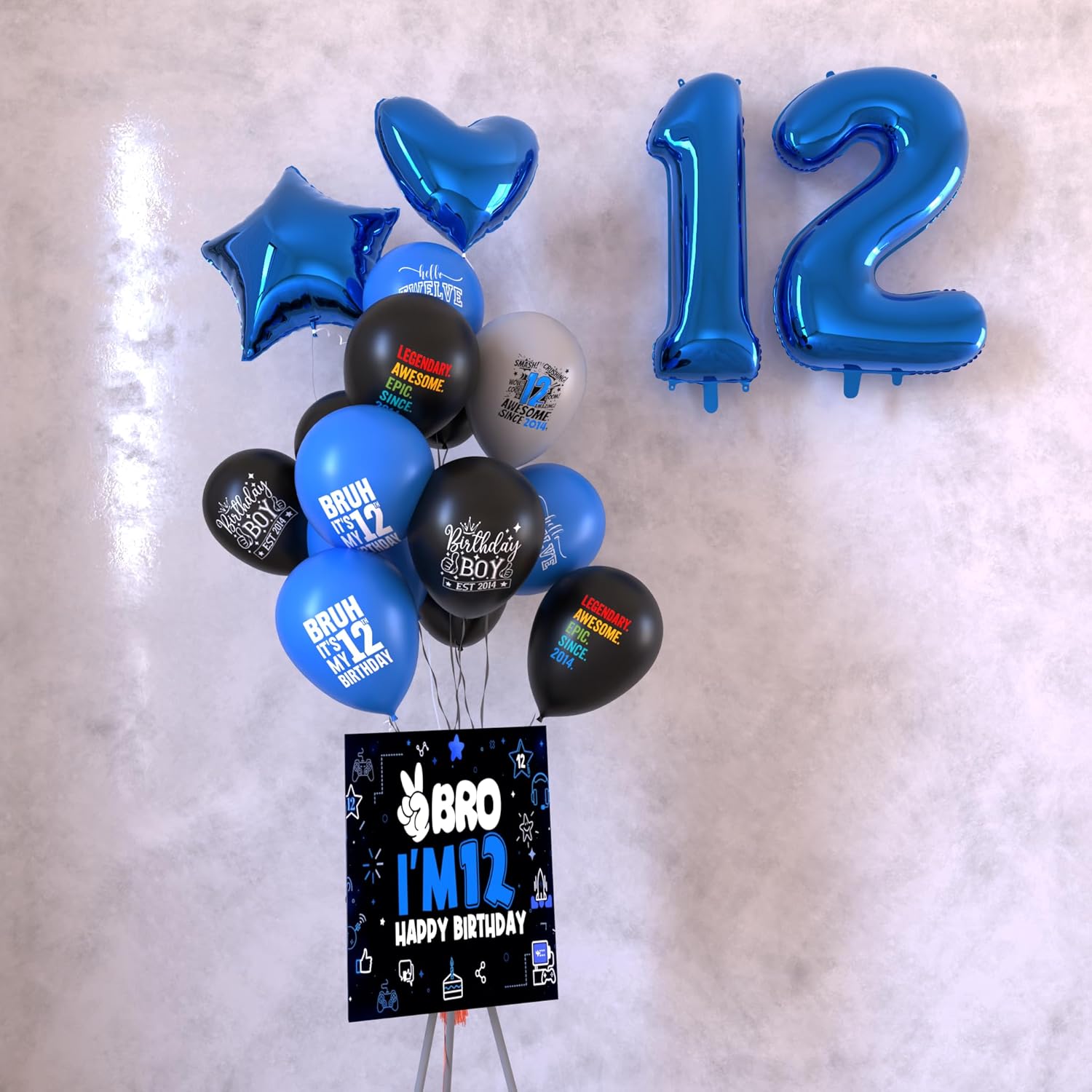 Black Blue 12th Birthday Decorations For Boys Includes Banner, Backdrop, Tablecloth, Latex Balloons, Foil Balloons, Cake Topper, Honeycomb Centerpieces & Hanging Swirls