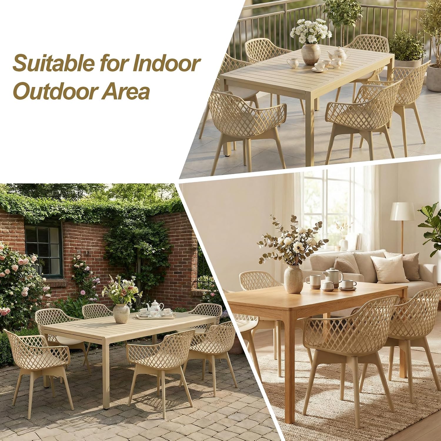 Aoodor Modern Dining Chairs Set of 2, Weather-Resistant Plastic Cafe Chairs with Ergonomic Back and Non-Slip Pad, Suitable for Patio, Restaurant, Yard, Porch, Balcony, Khaki