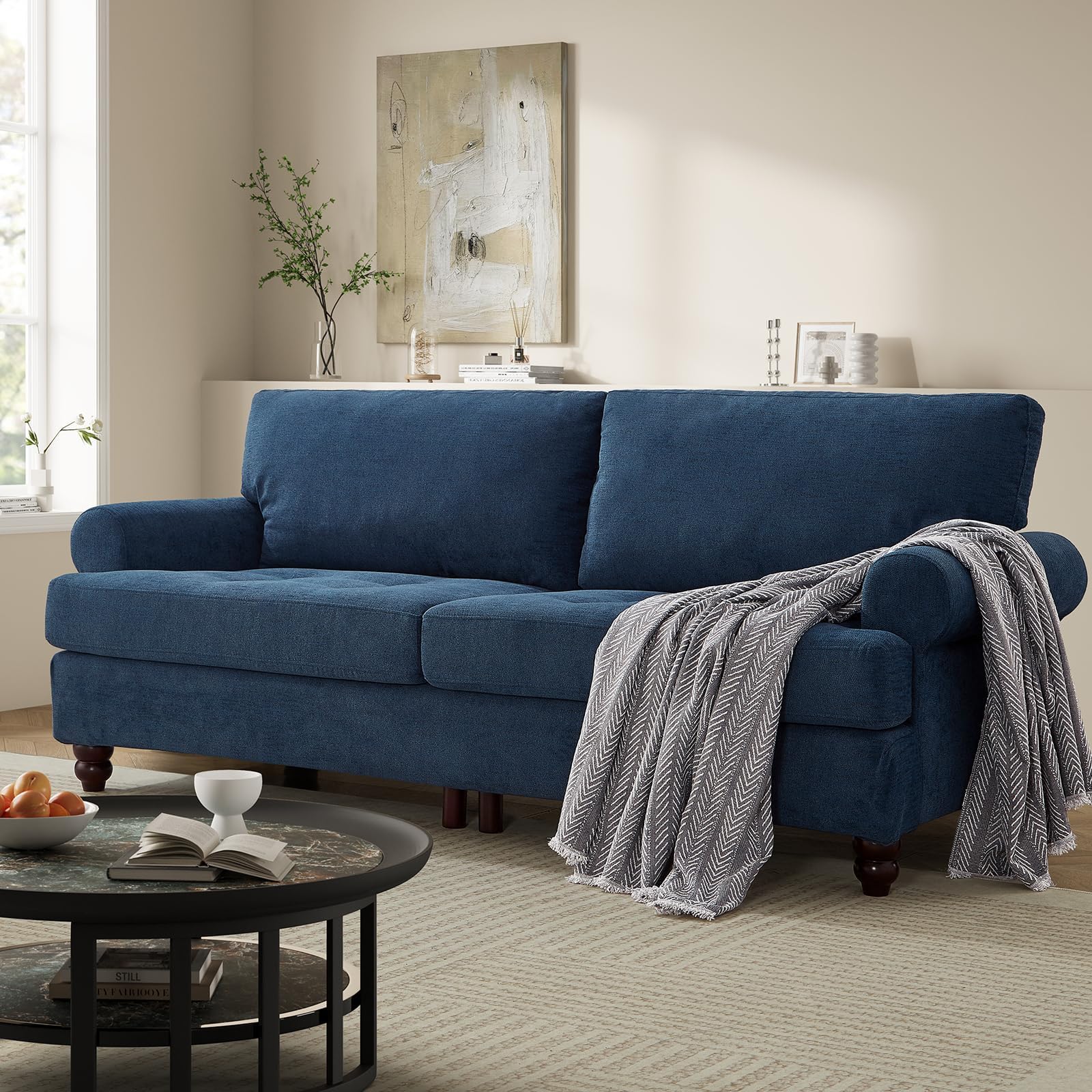 81” Rolled Arm Sofa Couch with Storage, Mid Century Modern Decor Loveseat Couches for Living Room, Button Tufted Upholstered Small Couch for Bedroom, Apartment (Blue)