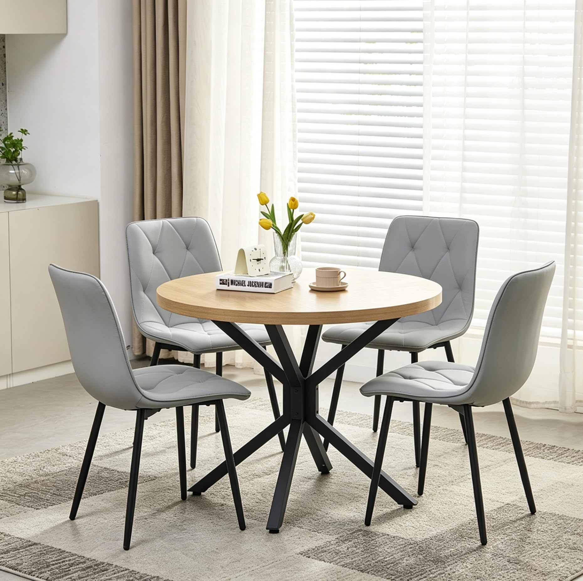 Pantanal 95cm Round Oak Wood Dining Table and Grey Leather Chairs Set of 4, Modern 5 Pieces Compact Kitchen Table with 4 Elegant Argyle Grid Chairs for Dinette Restaurant Small Space โ image 1