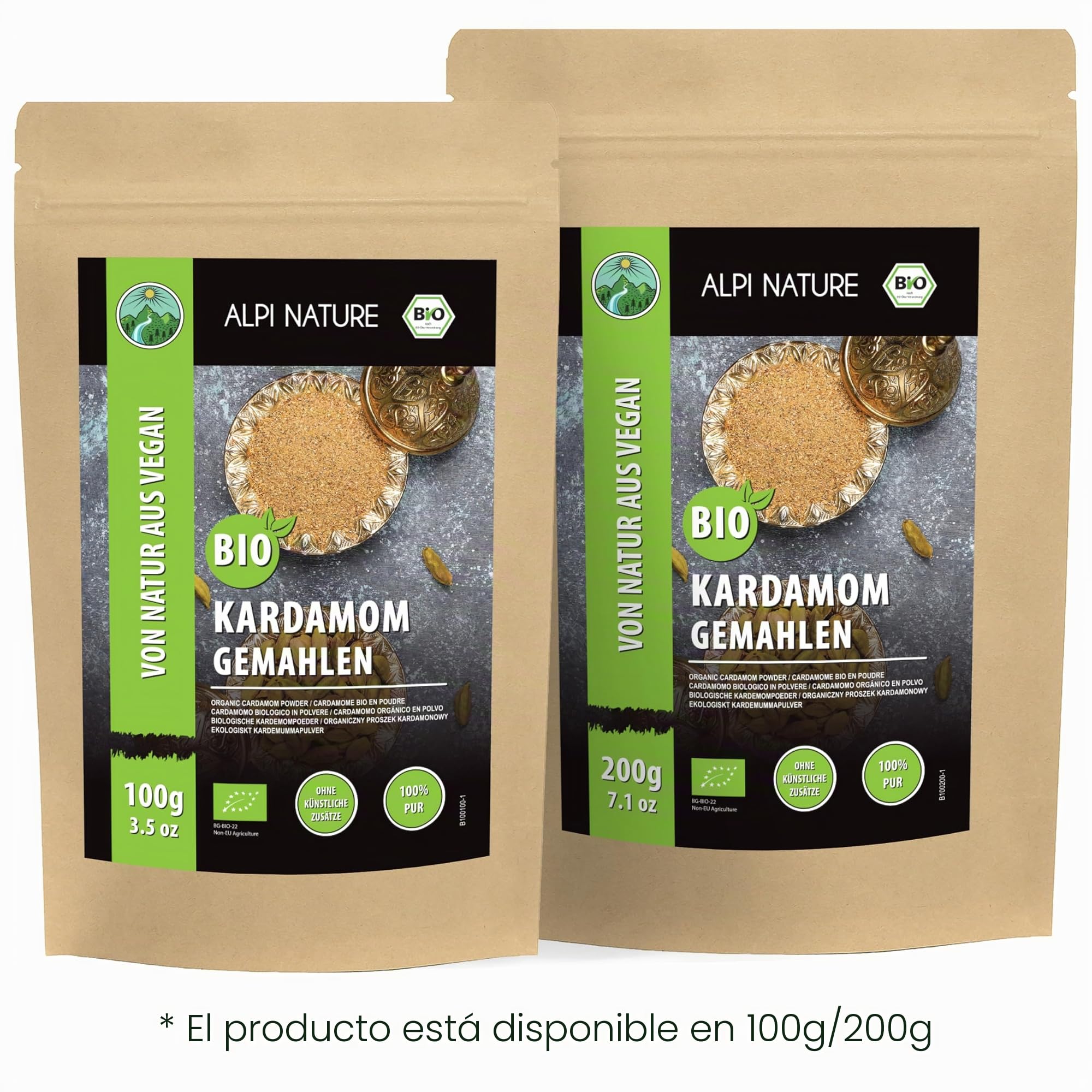 Alpi Nature Cardamomo Orgánico Molido 200g, Vainas y Semillas de Cardamomo Verde en Polvo para Cocinar y Hornear