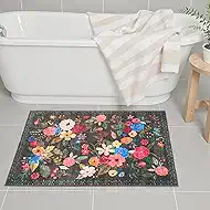 Black Area Rugs 24x17 Inch Home Decor Entry Rug, Small Door Mat Bath Mats for Bathroom, Ultra-Thin Non Slip Floral Low Pile Tub Mat for Sink Shower Doorway Tub Kitchen Sink(2 x 1.4 ft, Black Lawn)