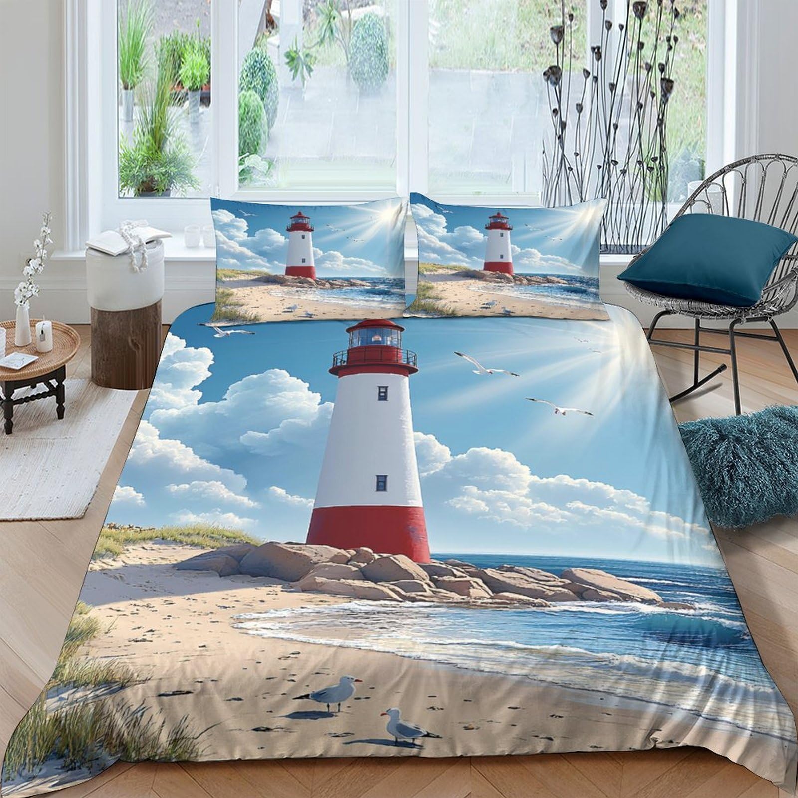 Ctjqhvkz Style-2 3D Printed Lighthouse Beach Fitted Sheet Microfiber Soft Breathable Coastal Landscape Bed Sheet For Bedroom Decor Single（135X200cm）