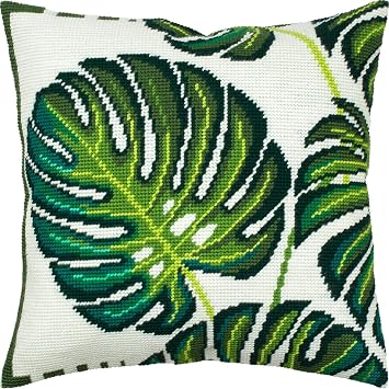 Monstera Leaves. Needlepoint Kit. Throw Pillow 1616 Inches. Printed Tapestry Canvas, European Quality