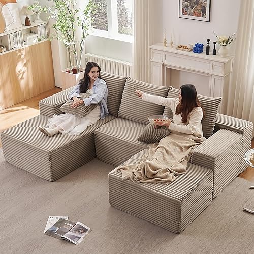 107" Cloud Modular Sectional Couches, Modern Convertible U Shaped Couch, 3 Seat Corduroy Comfy Deep Seat Sectional Sofa Oversize Deep Seat Sofa Camel