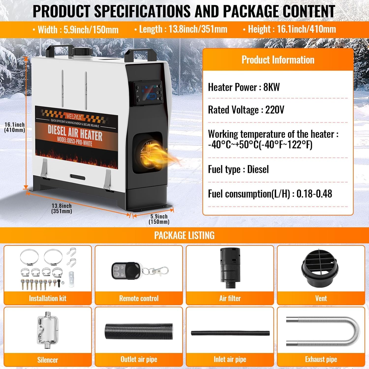 VELPAX Riscaldatore d'Aria Diesel all-in-One 8KW 12V 24V 220V riscaldatore d'aria diesel con silenziatore, LCD e Telecomando Riscaldamento rapido per Camper,Macchine,Camion,Barche,Autobus
