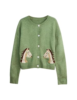 Women Horse Crop Cardigan Sweater Long Sleeve Casual Button Down Knit Jacket Fall Cute Graphic Cardigan Sweaters Tops