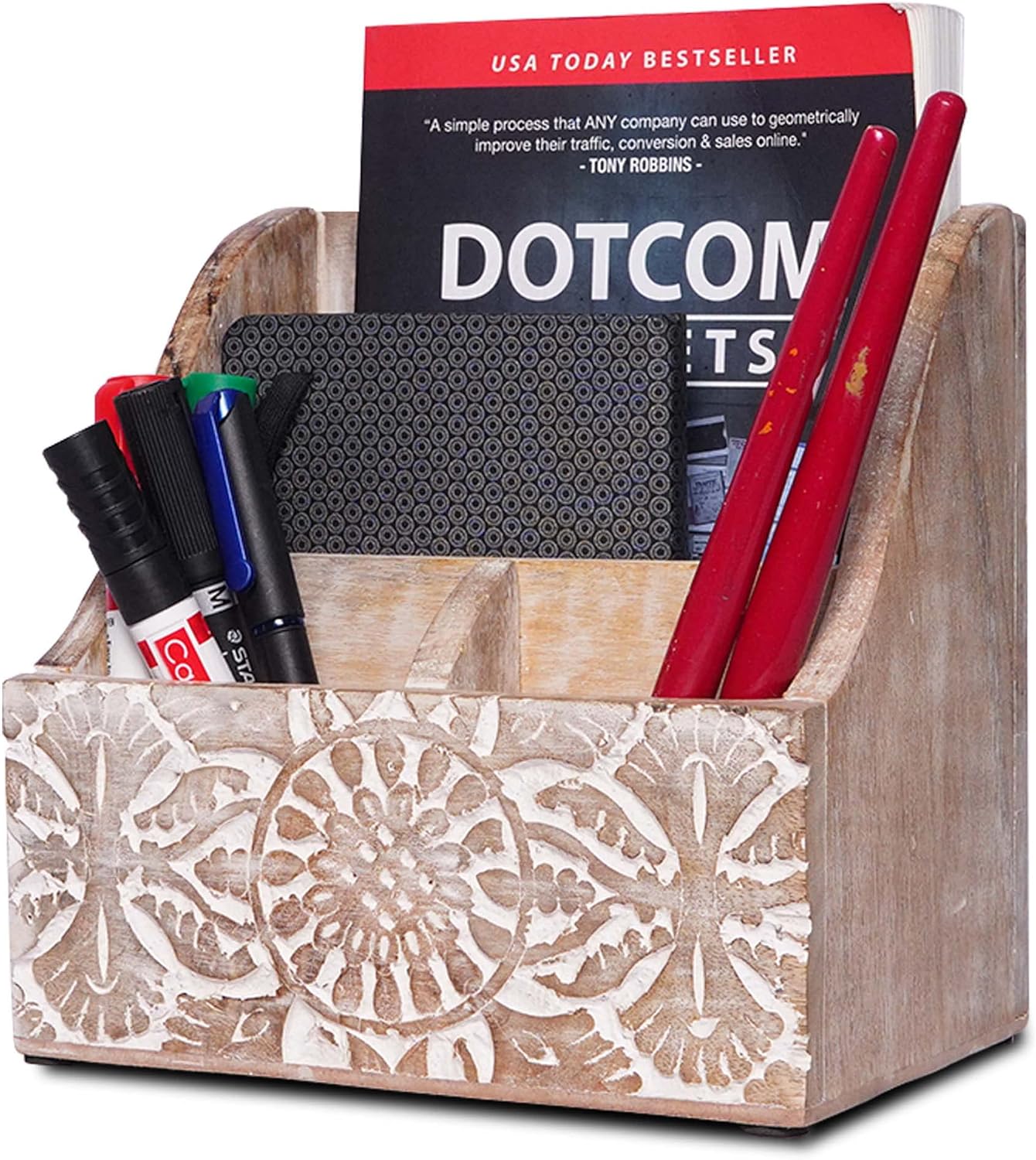 Mela Artisans Natural Wood Letter Holder for Desk w/Rustic Touch - Hand-Craved Wooden Desk Organizer - Multi-Purpose Wood Desk Organizer - Portable Shelf for Desk - 7.2” x 5.1” x 7.3”