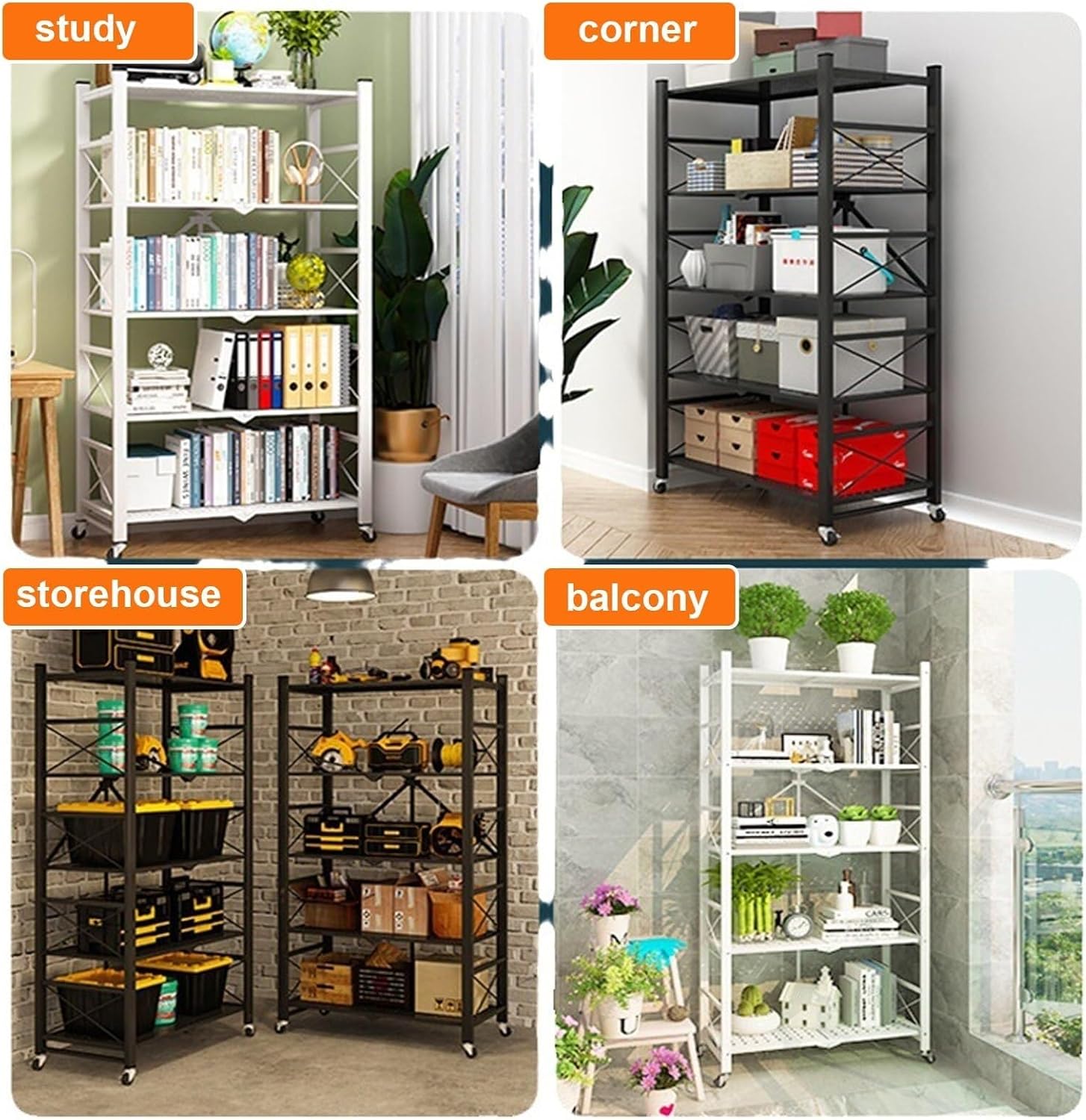 Heavy Duty 3/4/5 Tier Folding Metal Bakers Rack with Wheels - Durable Carbon Steel Kitchen Storage Shelf for Pantry, Garage & Kitchen Organization (White, 70cm/28in) image 2
