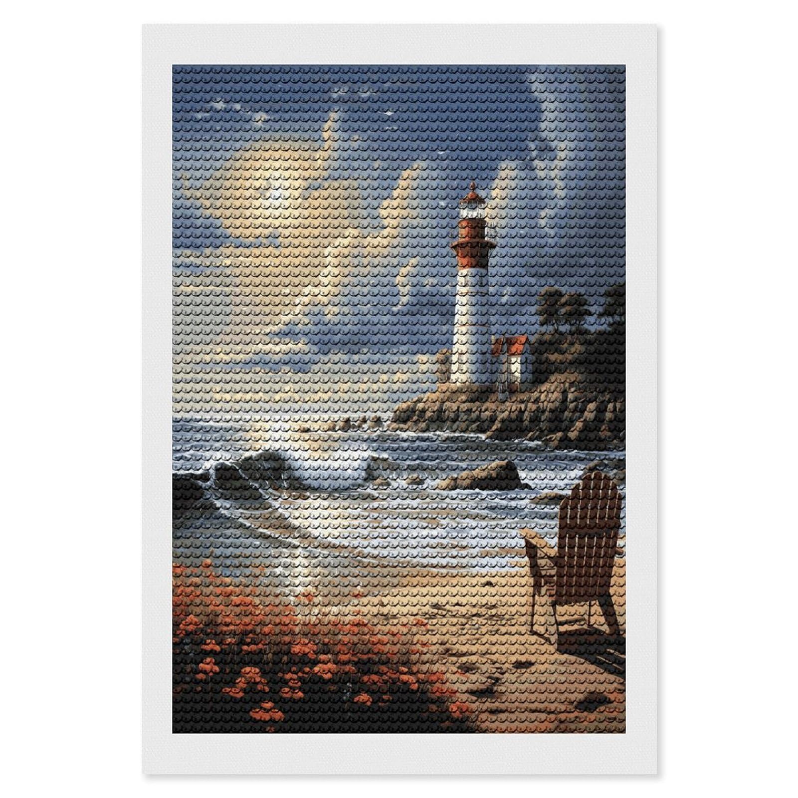 FekiLoot Sea Lighthouse Sandbeach Paint by Numbers Kit for Adults Beginner DIY Diamond Dots Paintings Round Full Drill Diamond Art Kits Picture Diamond Art Painting Kits for Home Decor 8"x12"