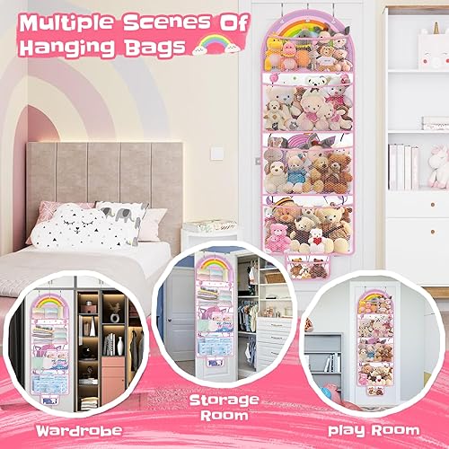 Miniatura 6 de Almacenamiento de animales de peluche, unicornio arcoíris sobre la puerta, almacenamiento de animales de peluche para niños y niñas, organizador