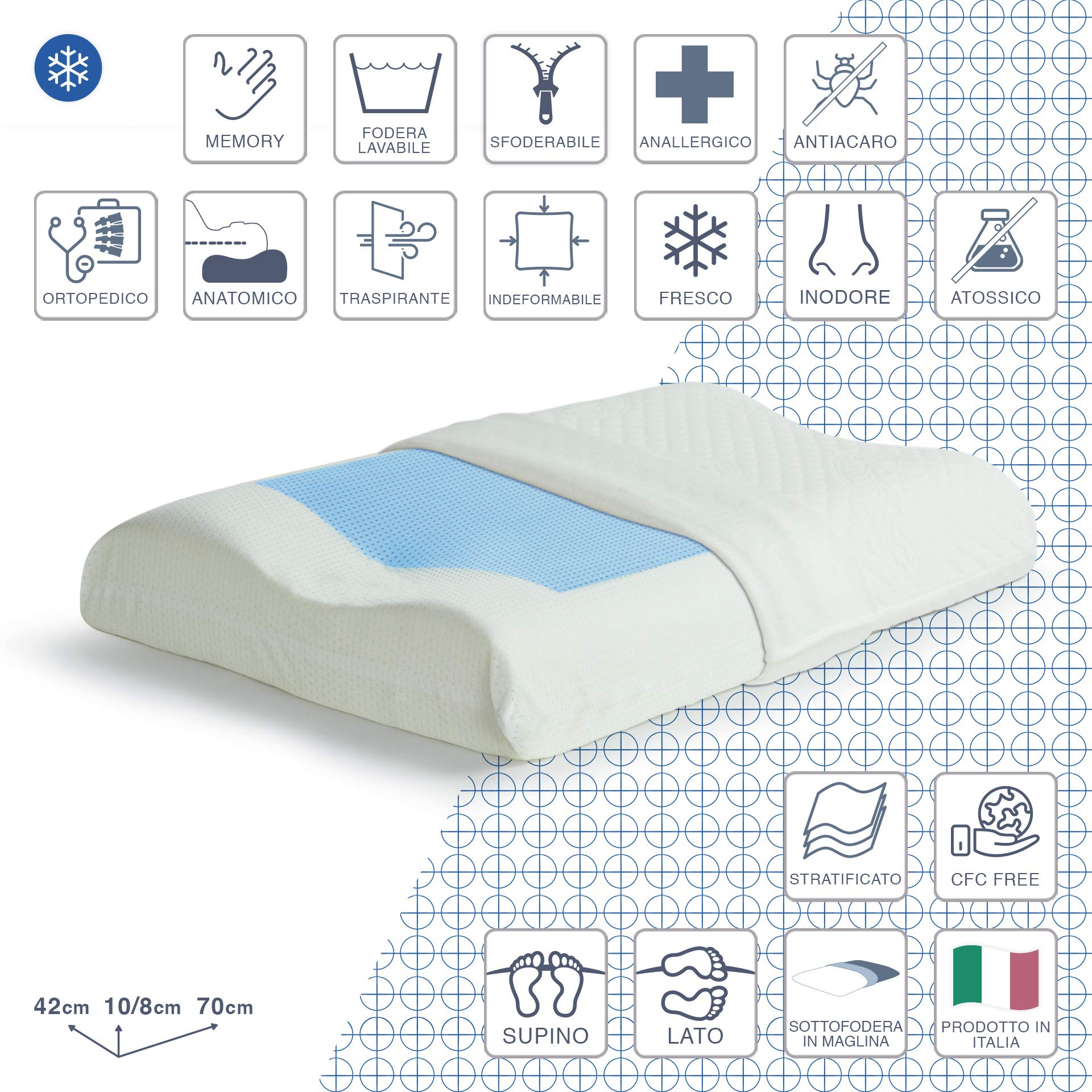 Cortassa, oreiller cervical Memory Gel frais d'été chaud d'hiver, housse en tissu micro-perforé, en mousse à mémoire de forme ergonomique orthopédique pour douleurs cervicales Nostress